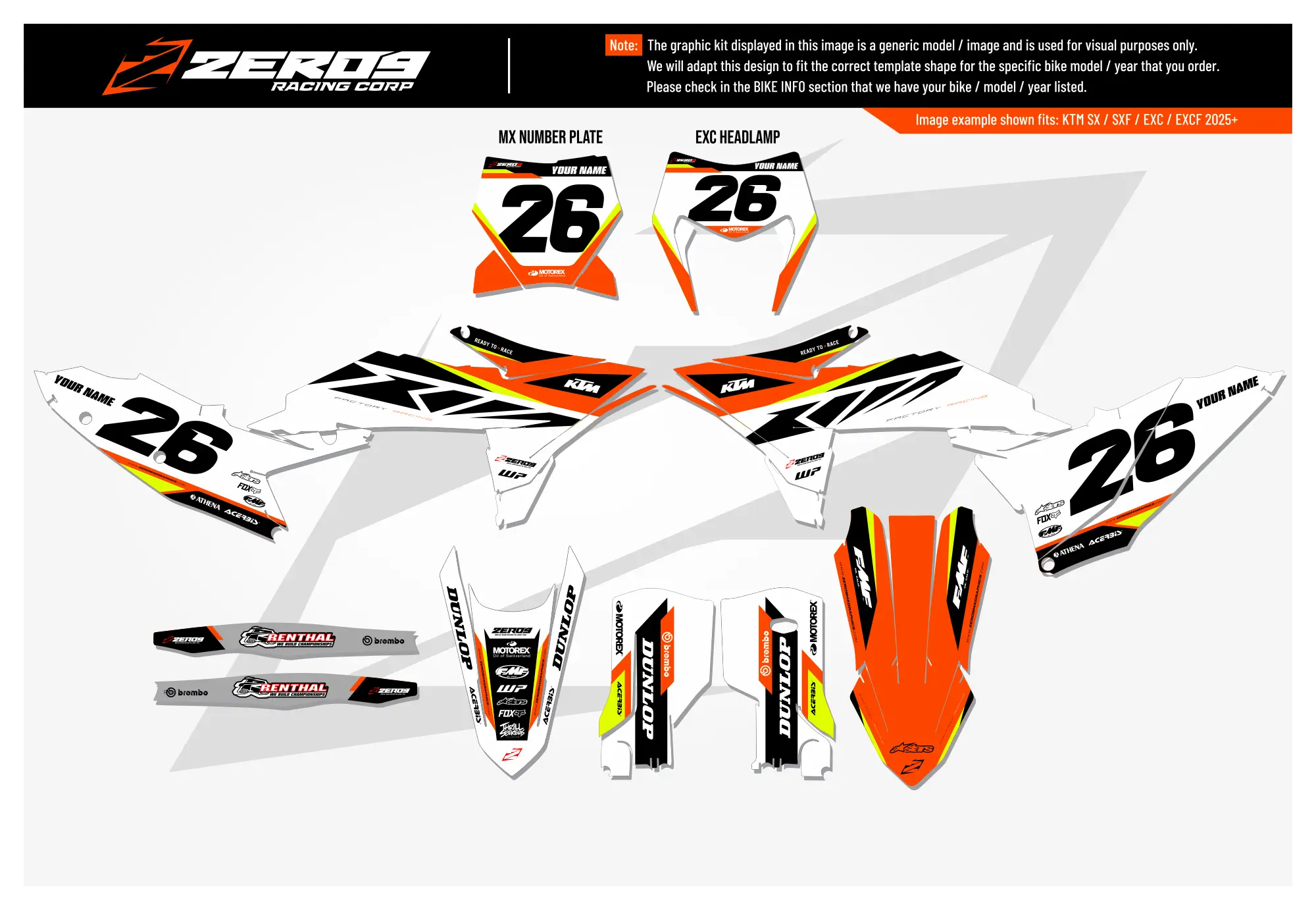 KTM graphics kit – Envy Orange/White/Vivid Yellow – block design – motocross – flat lay – #26.