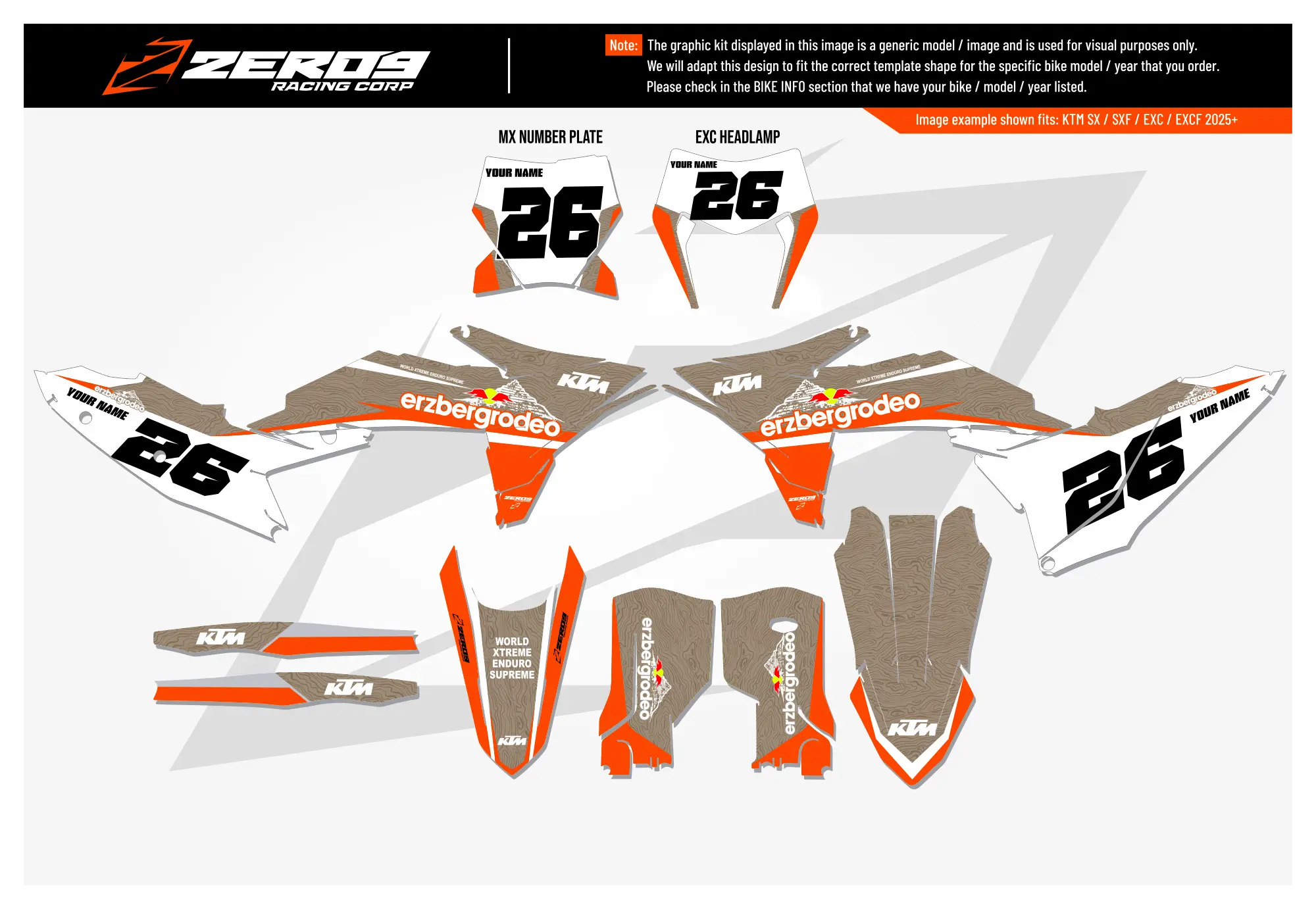 KTM graphics kit – ErzbergRodeo 22 – factory design – hard enduro – #26 – flat lay.