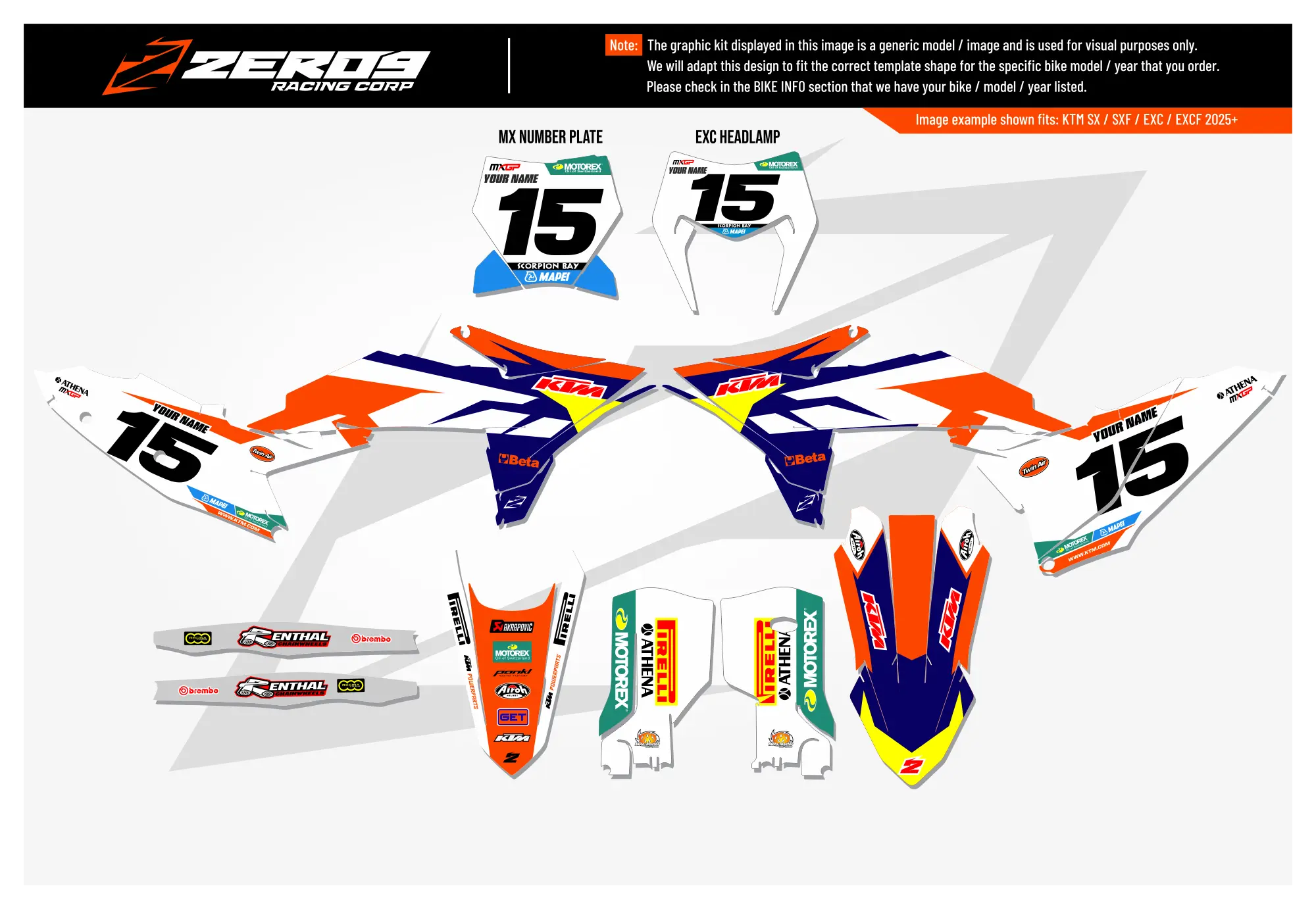 KTM graphics kit – Factory 15 Orange/Blue – factory design – SX motocross.