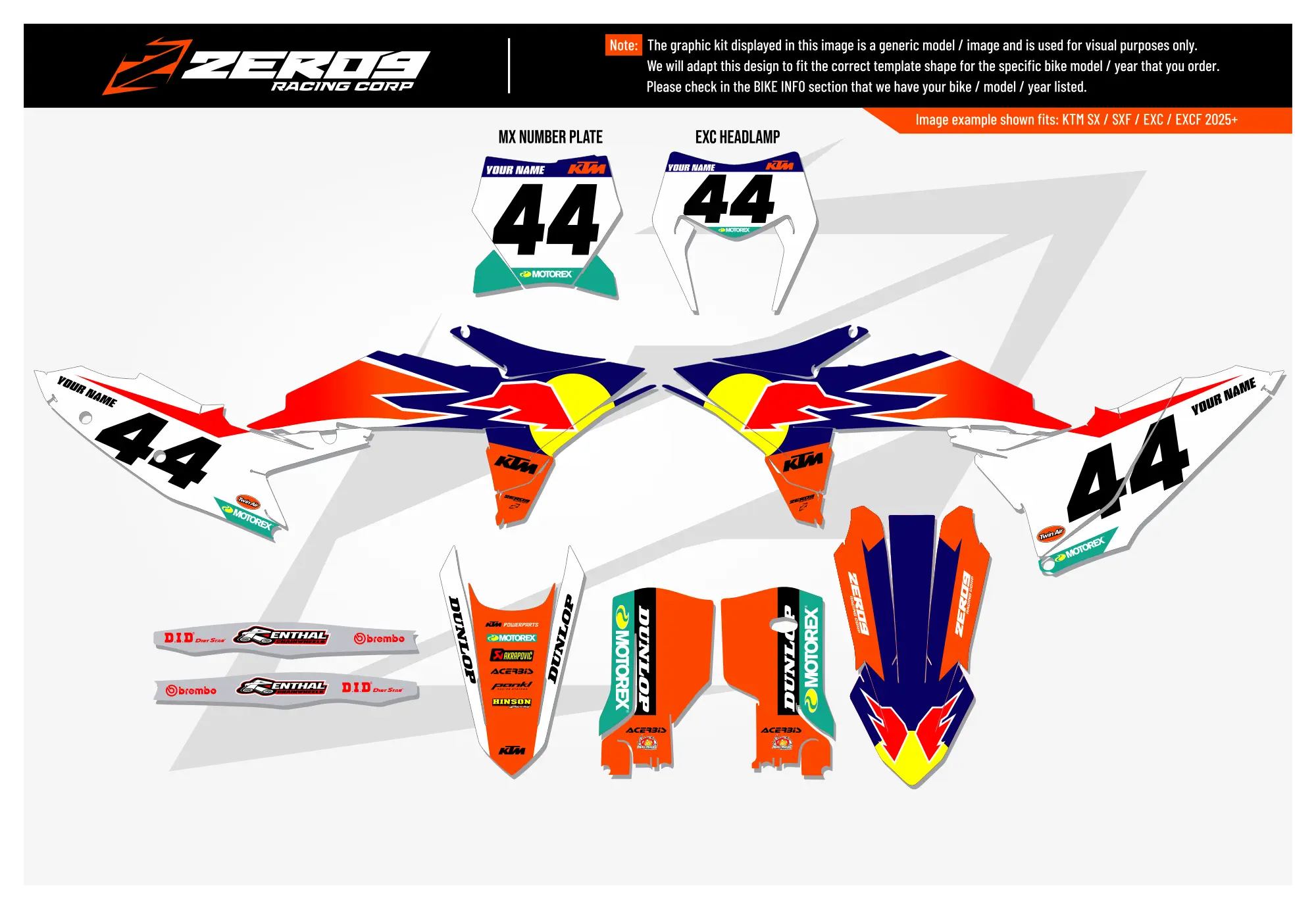 KTM graphics kit – orange/blue/red factory – factory design – SX motocross.