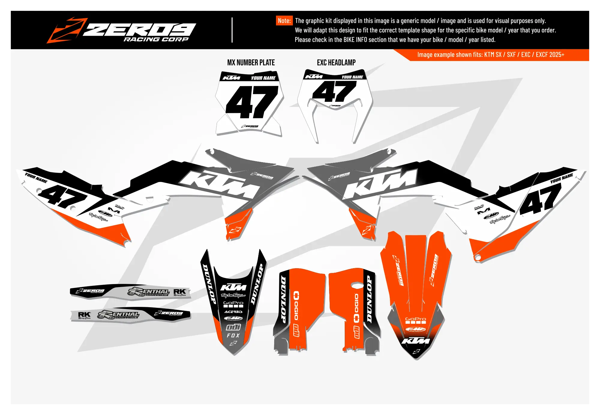 KTM graphics kit – Fade Orange/Grey – flat lay – #47 – motocross.
