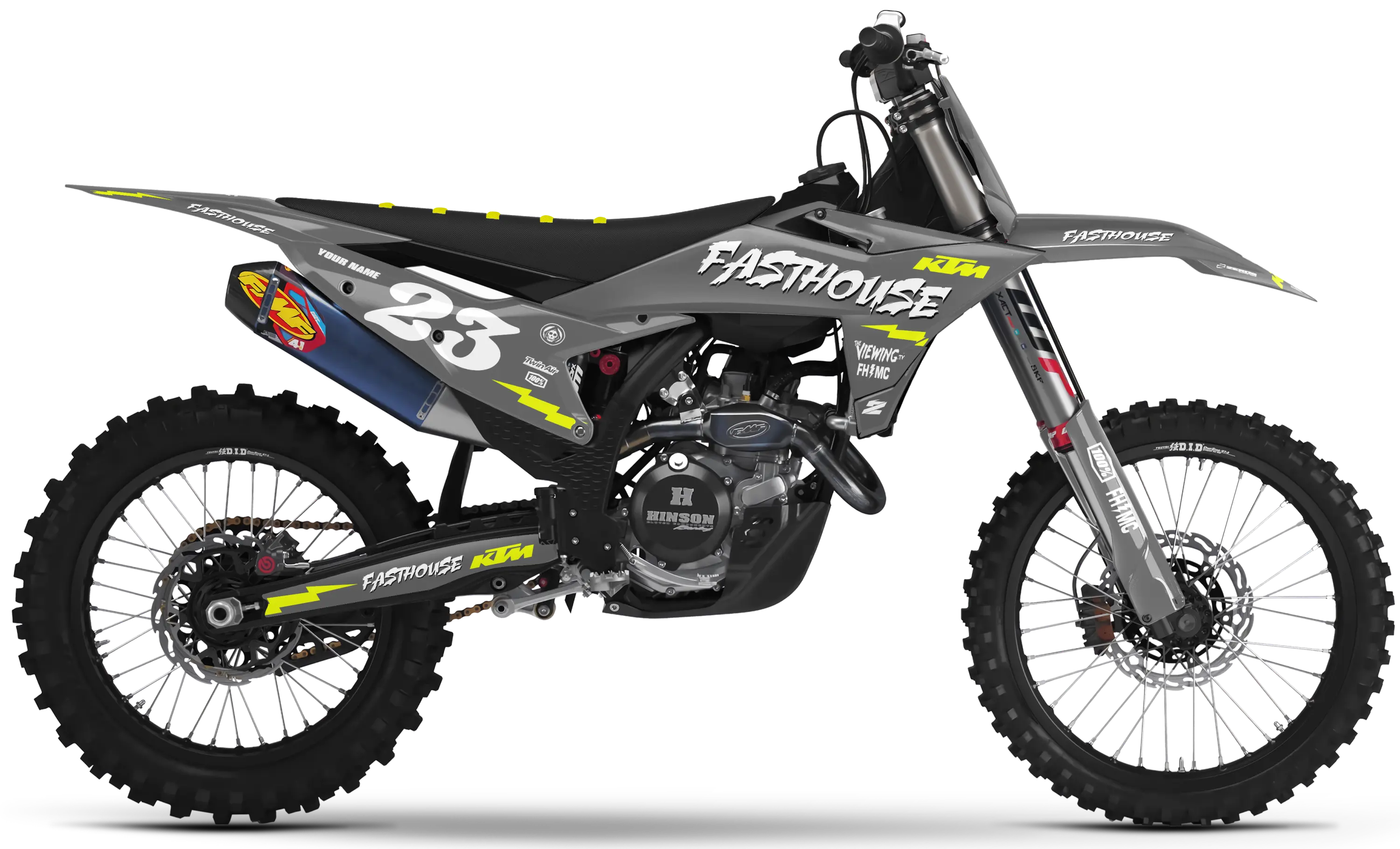 KTM motocross graphics kit Fasthouse 25 Grey design on black bike body panels and fenders.