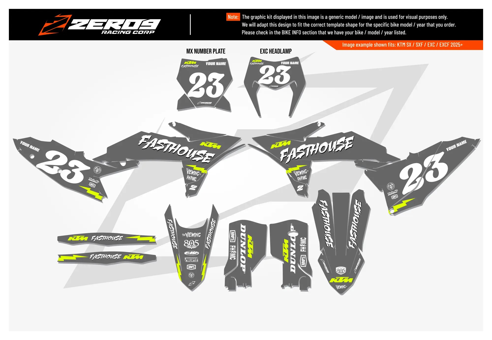 KTM motocross graphics kit – Fasthouse 25 Grey design with white and black mx decals for motocross models.