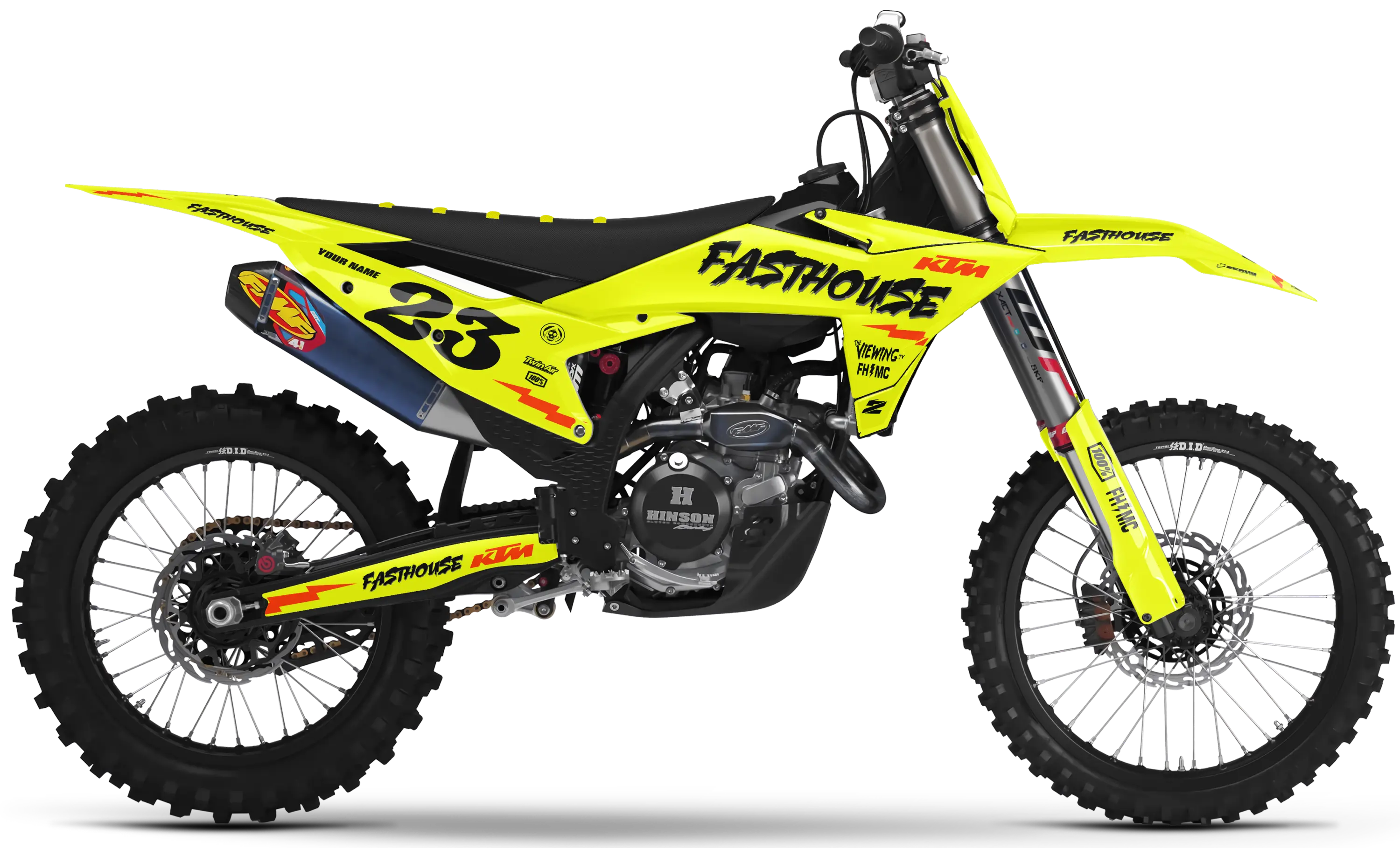 KTM motocross graphics kit Fasthouse 25 Vivid Yellow design on KTM trail bike side panels and fenders.