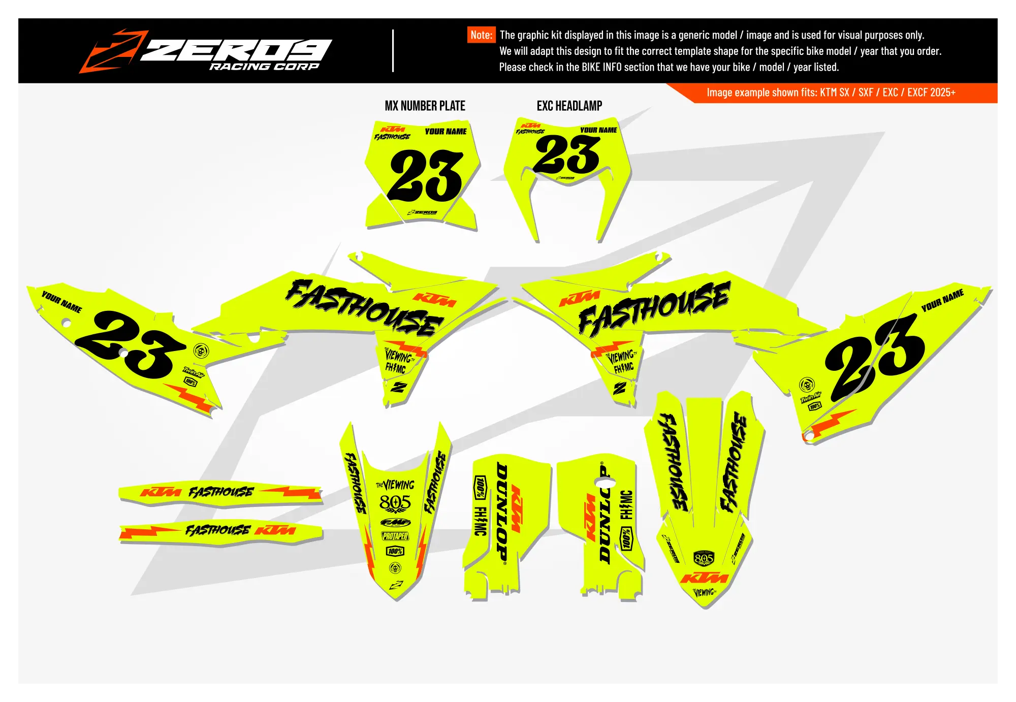 KTM motocross graphics kit – Fasthouse 25 Vivid Yellow design for KTM SX/SXF with mx decals.