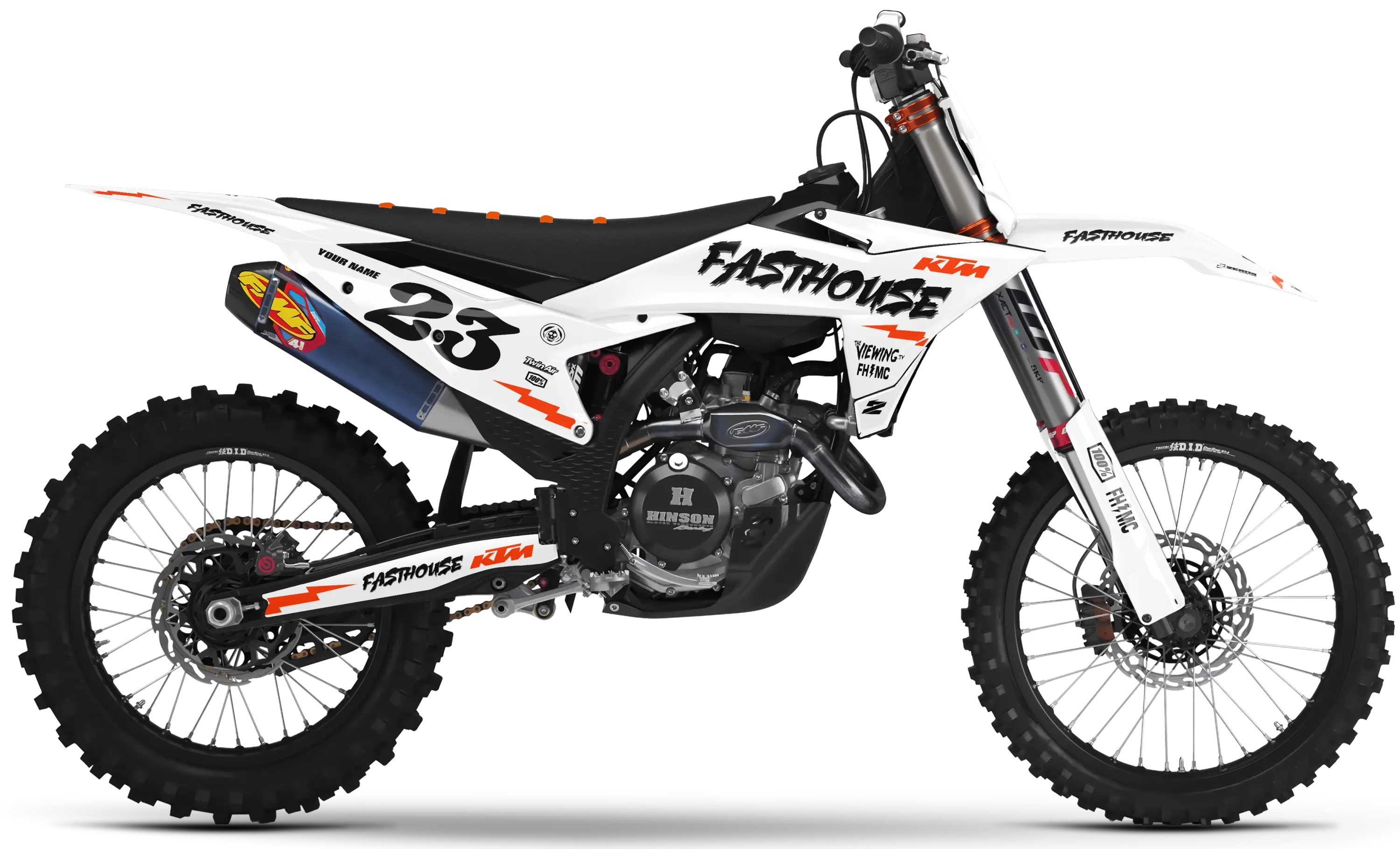 KTM motocross graphics kit – Fasthouse 25 White design on KTM dirt bike, includes black and white MX decals with number 23.