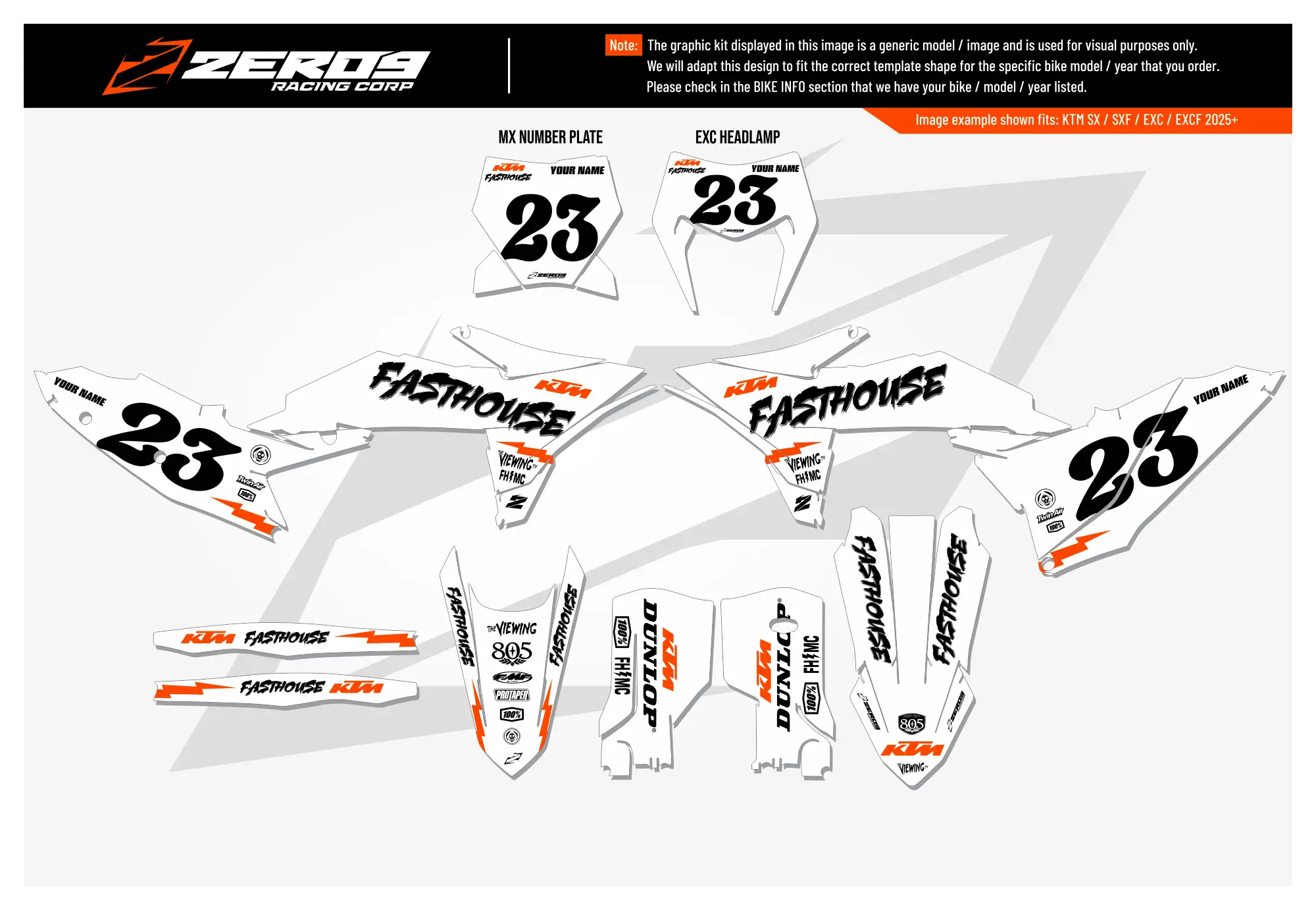 KTM motocross graphics kit – Fasthouse 25 White design for KTM SX model featuring black and orange accents.