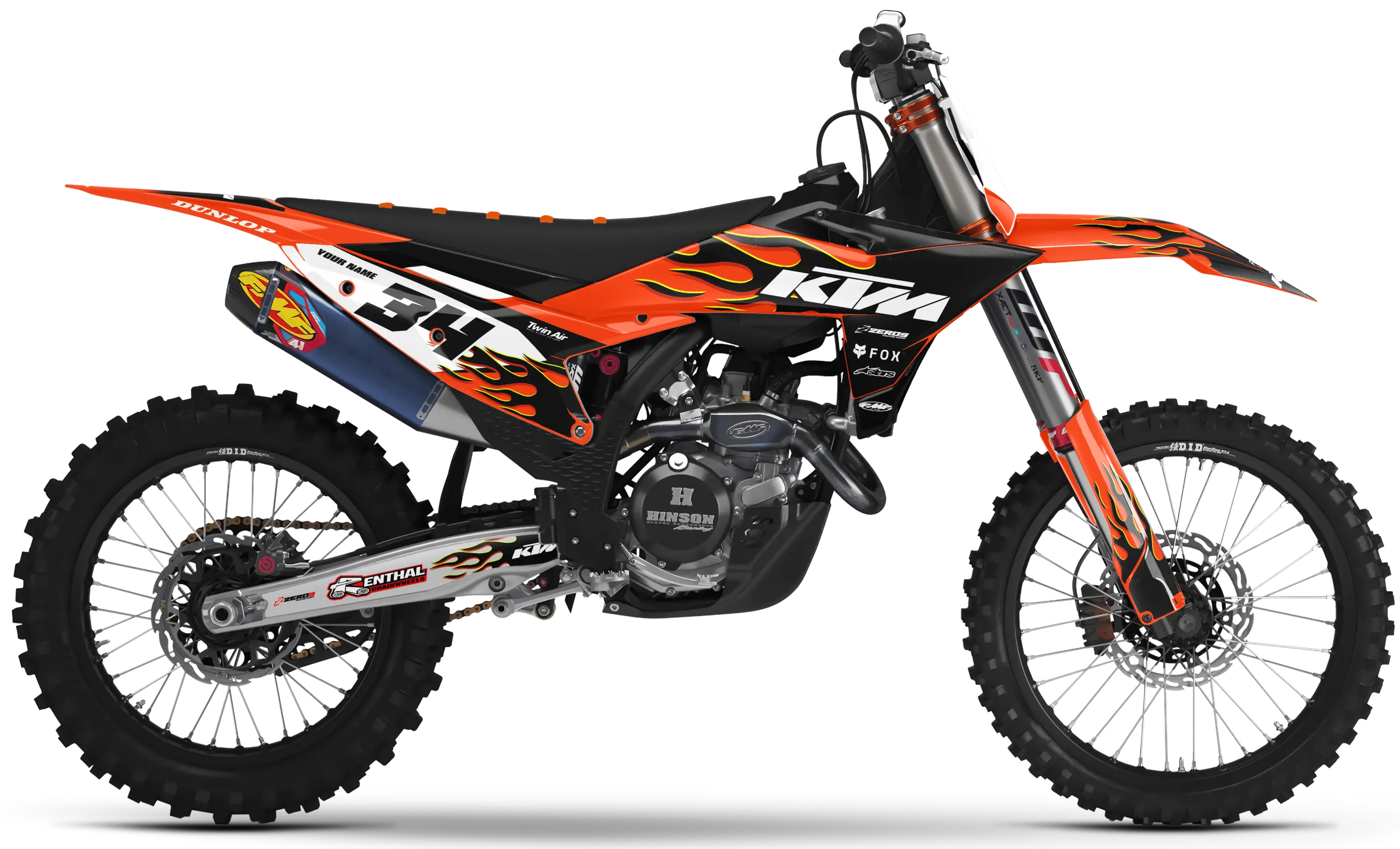 KTM motocross graphics kit – Flame Black/Orange design on KTM SX dirt bike with number 34 decals.