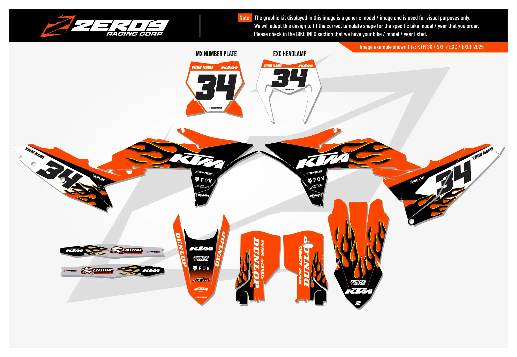 KTM motocross graphics kit Flame Black/Orange design for KTM SX models featuring MX decals and motocross graphics.