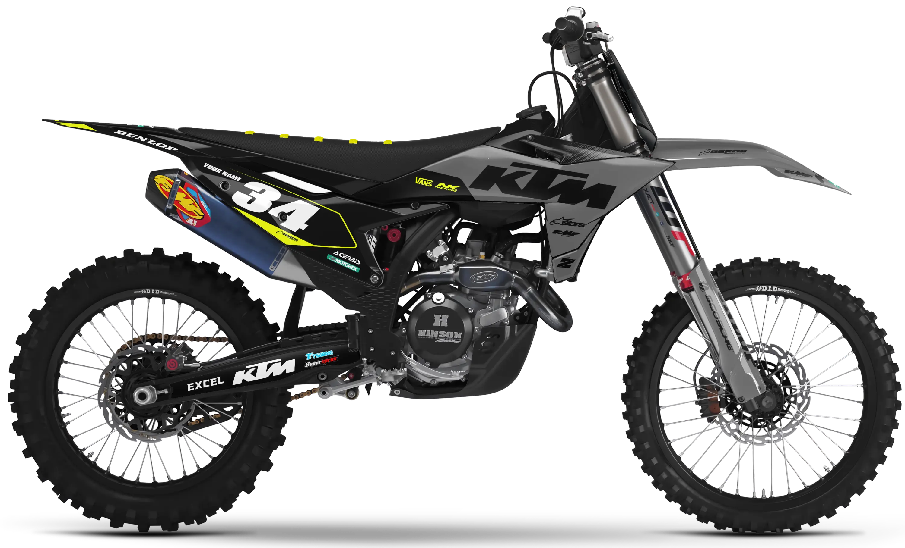 KTM motocross graphics kit Flex Grey/Black design on 2024 dirt bike side panels and swingarm decals.