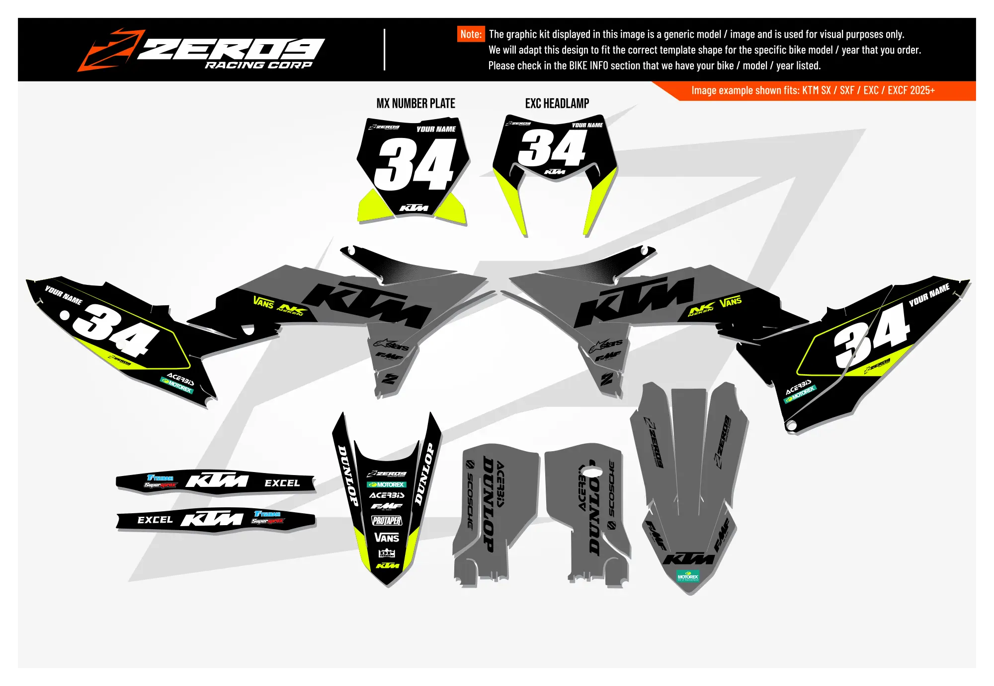 KTM motocross graphics kit – Flex Grey/Black design includes number plate, shroud, and side panel decals for KTM model.