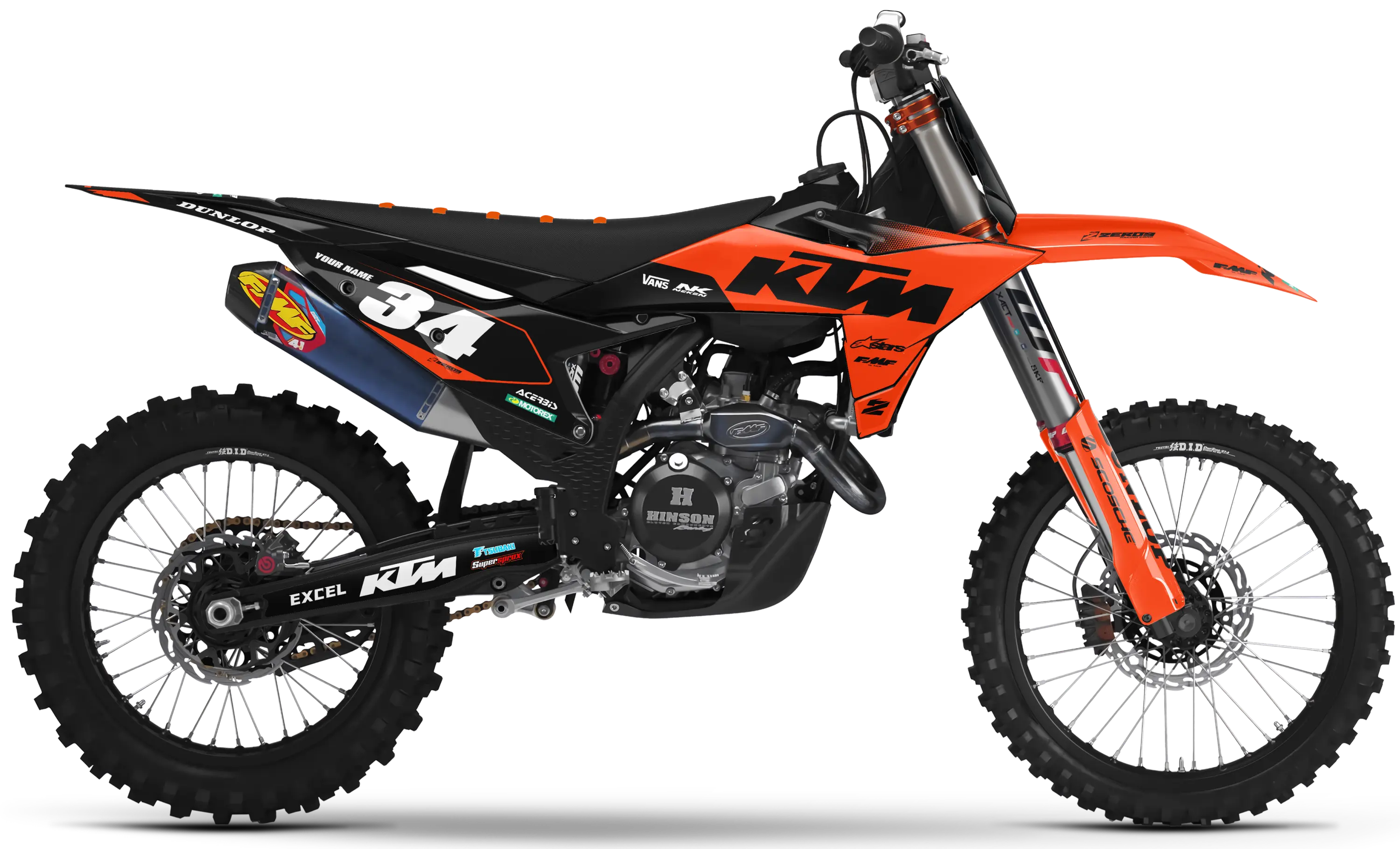 KTM motocross graphics kit Flex Orange/Black design on KTM motocross bike side panels and front fender.