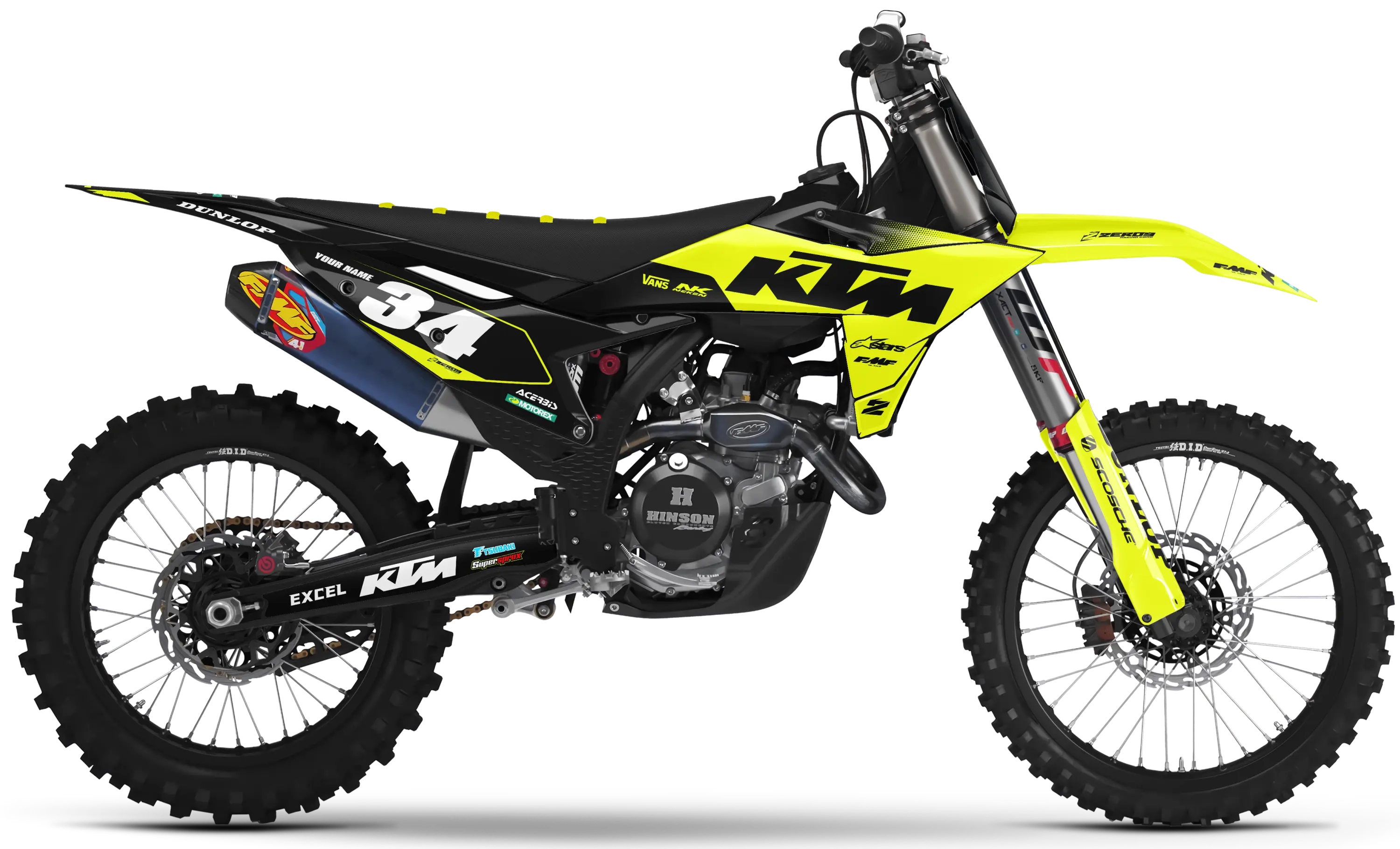 KTM motocross graphics kit Flex Vivid Yellow/Black design on KTM dirt bike side panels and front fender.
