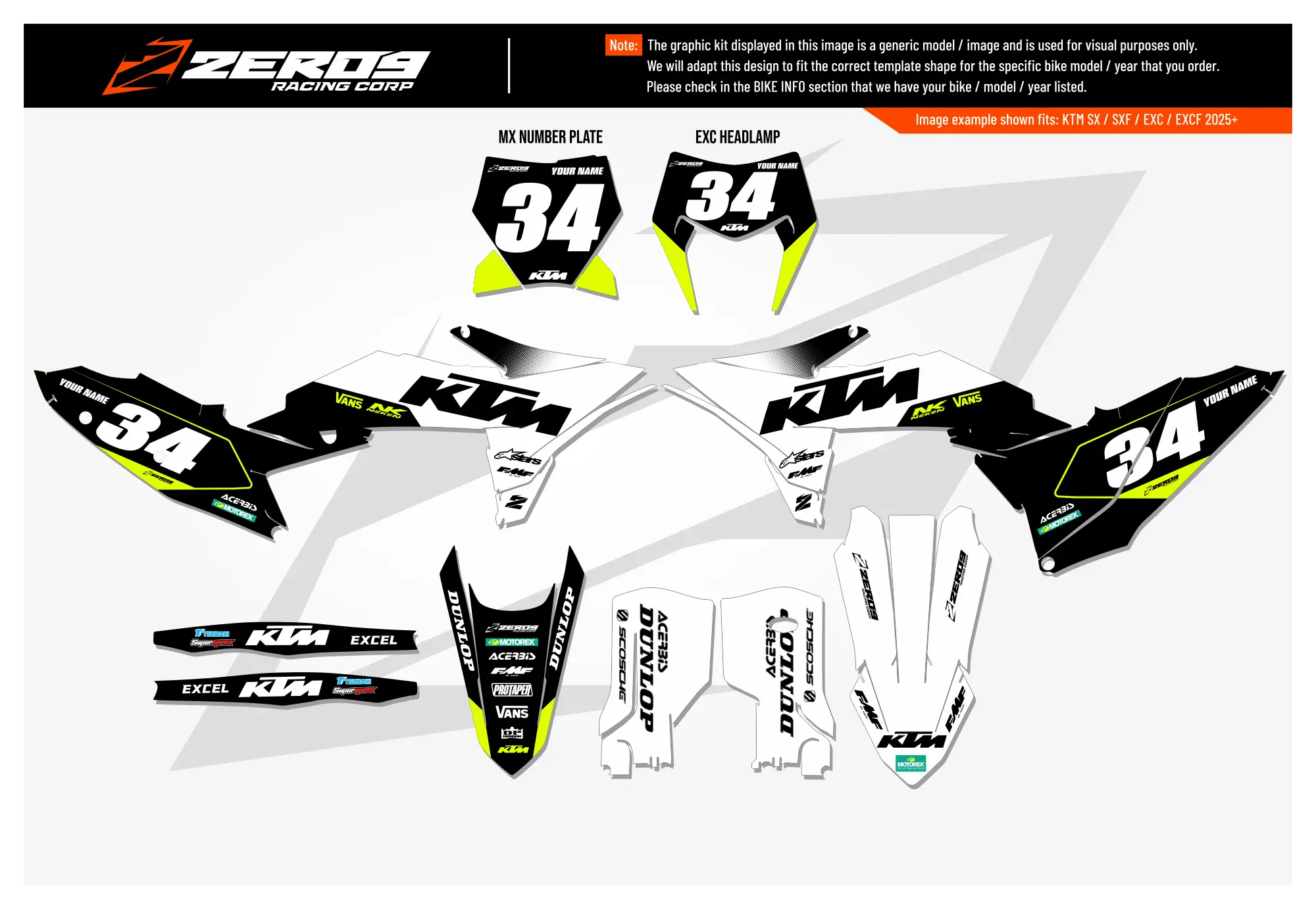 KTM motocross graphics kit Flex White/Black design featuring number plate and fender decals for motocross.