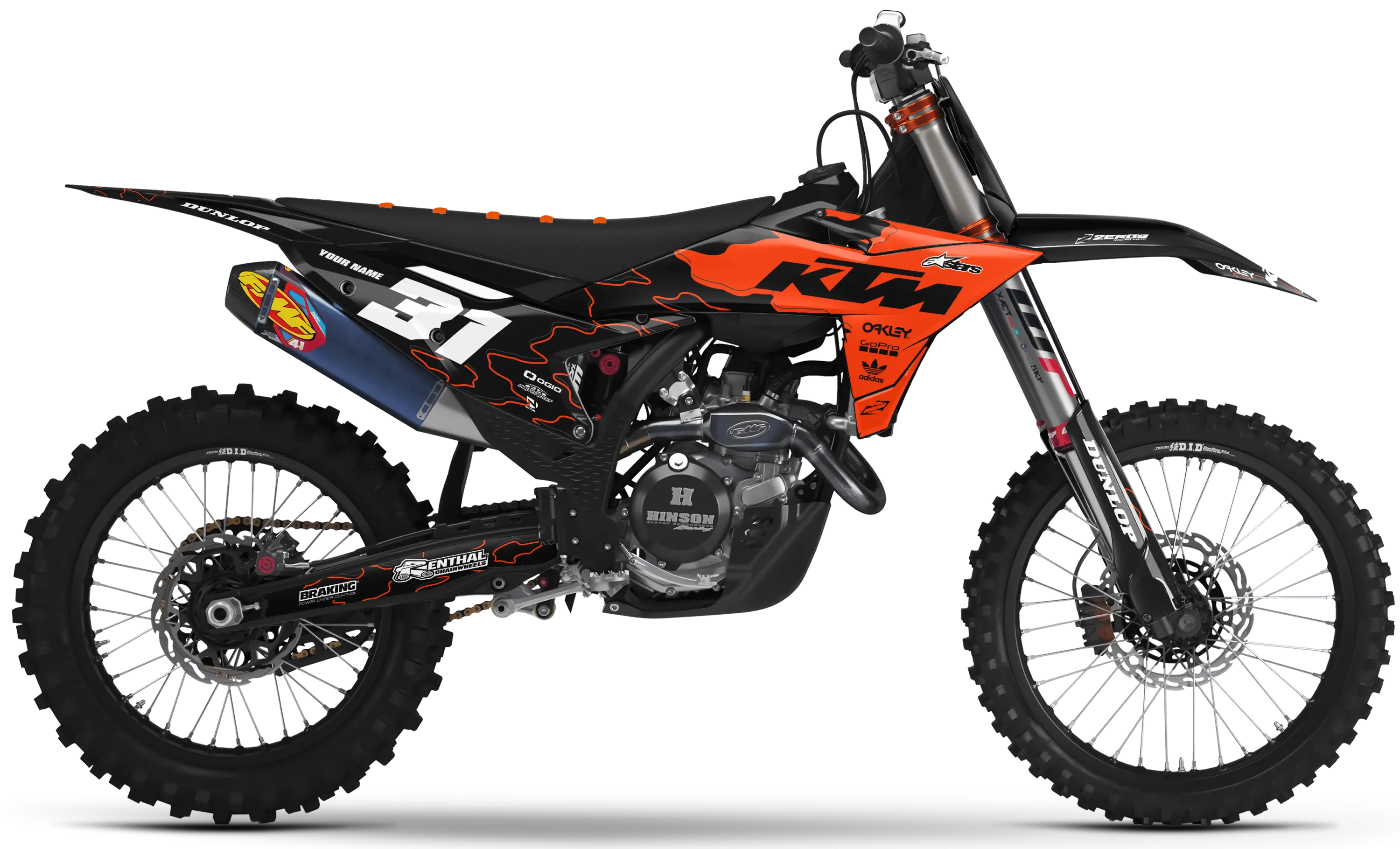 KTM motocross graphics kit Geo Orange/Black design on KTM dirt bike side panels and fenders.