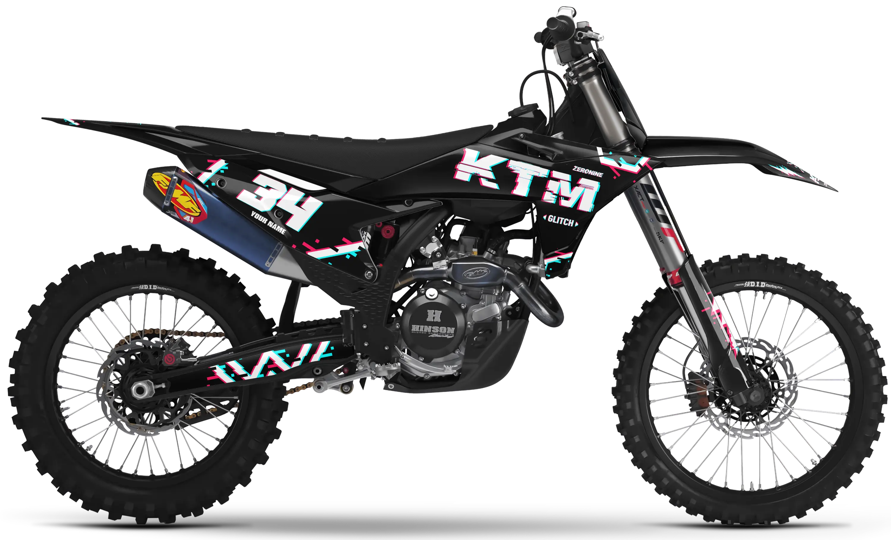 KTM motocross graphics kit Glitch design in black, white, and red for motocross bike side and front panels.