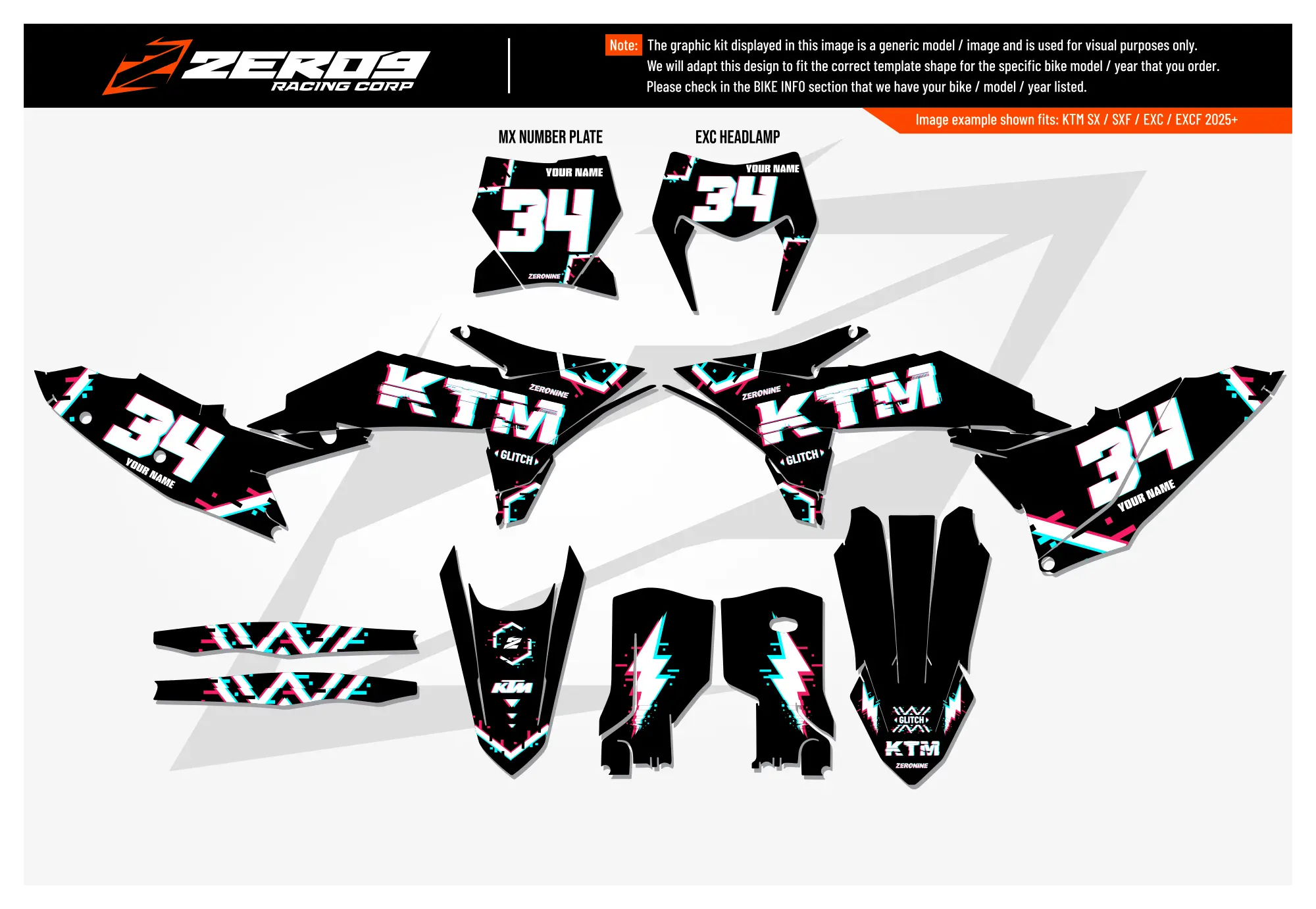 KTM motocross graphics kit Glitch design black, white, red, and blue decals for KTM SX models.