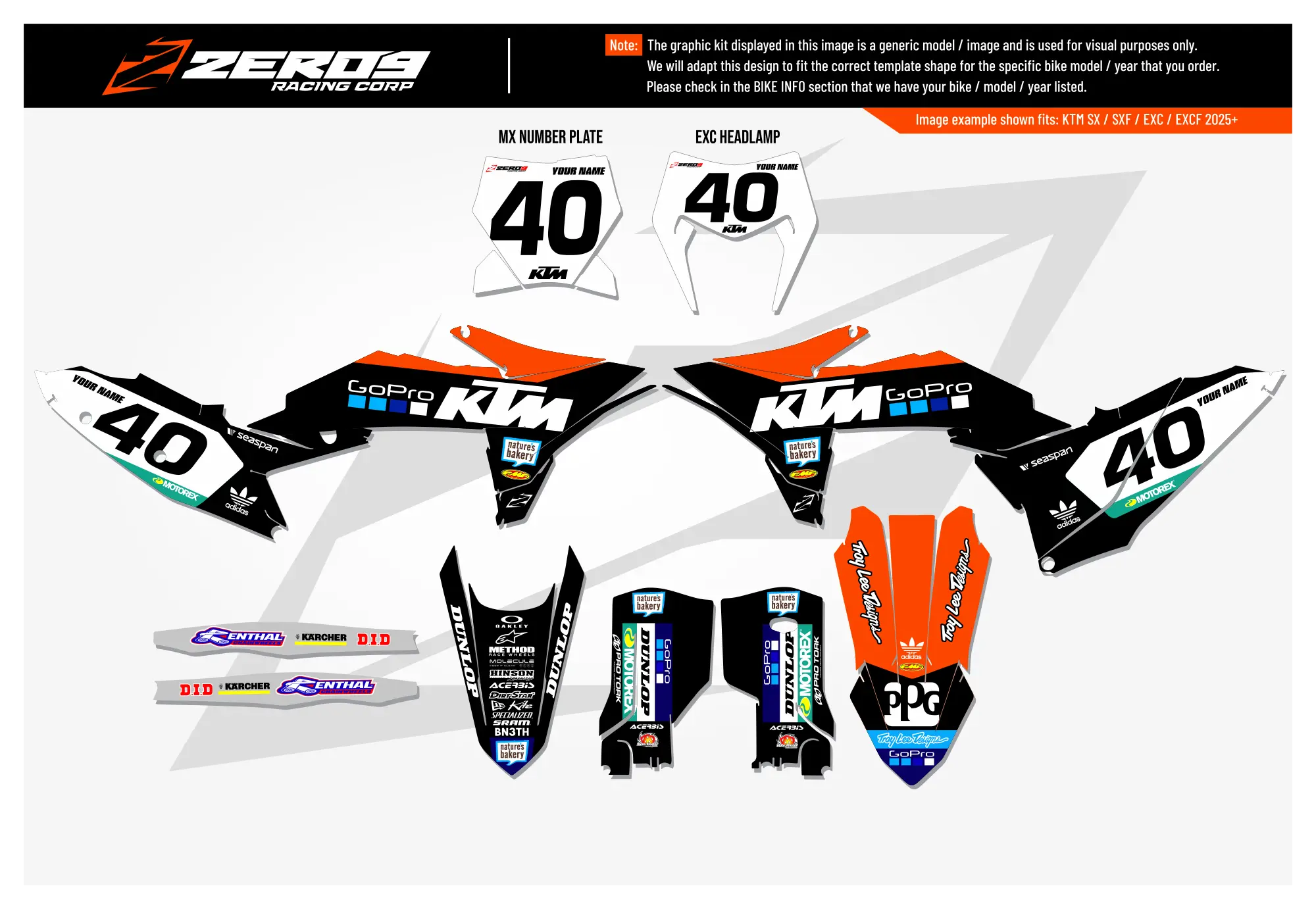 KTM motocross graphics kit GoPro Black design with black, white, and orange MX decals for KTM models.