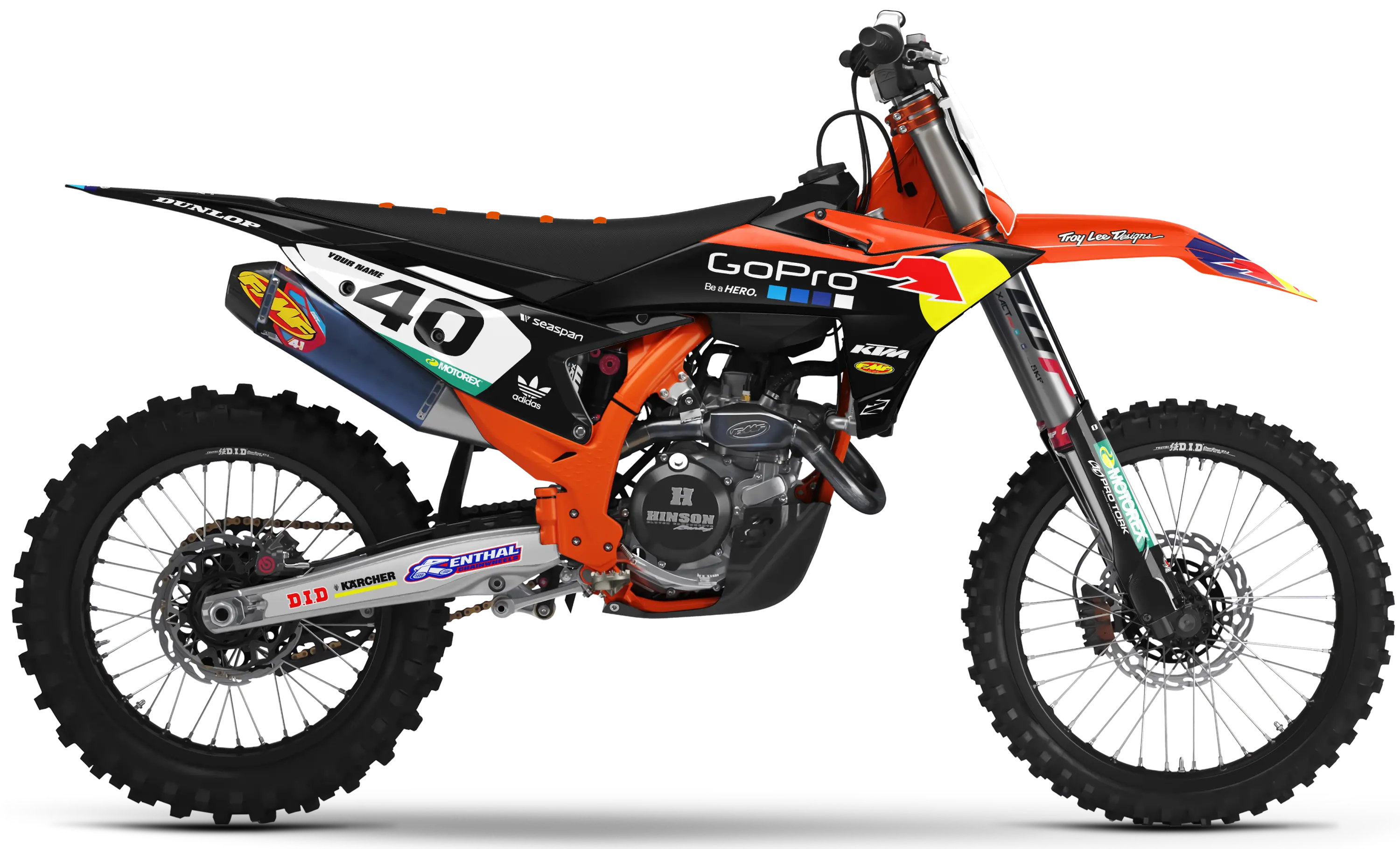 KTM motocross graphics kit GoPro Factory Black design on KTM dirt bike side view with number 40 decals.