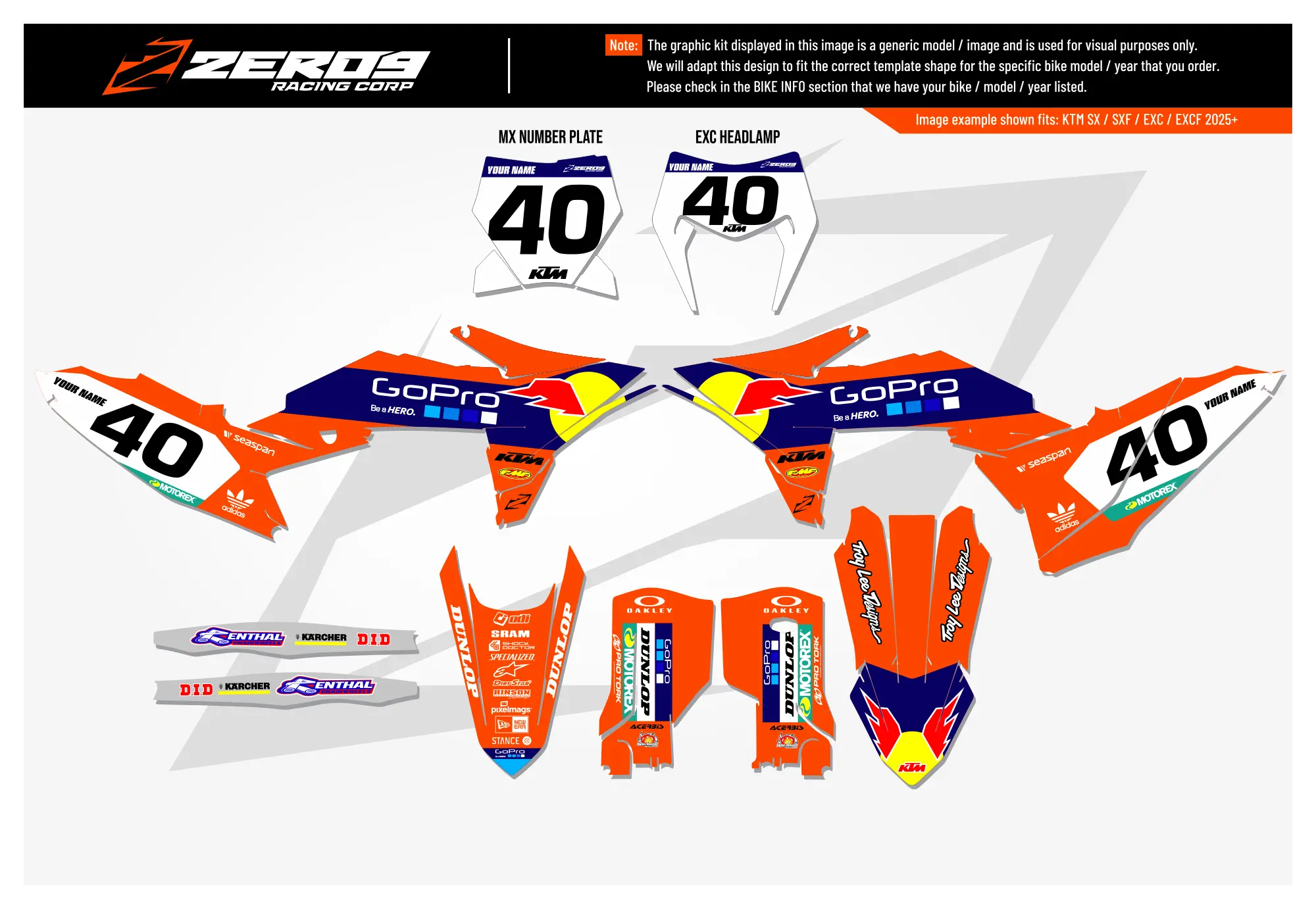 KTM motocross graphics kit GoPro Factory Orange design for KTM SX models, includes number plate and shroud decals.