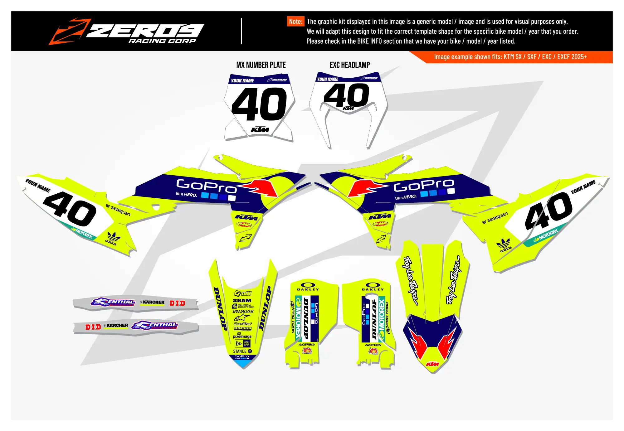 KTM motocross graphics kit GoPro Factory Vivid Yellow design with MX decals for KTM SX models.
