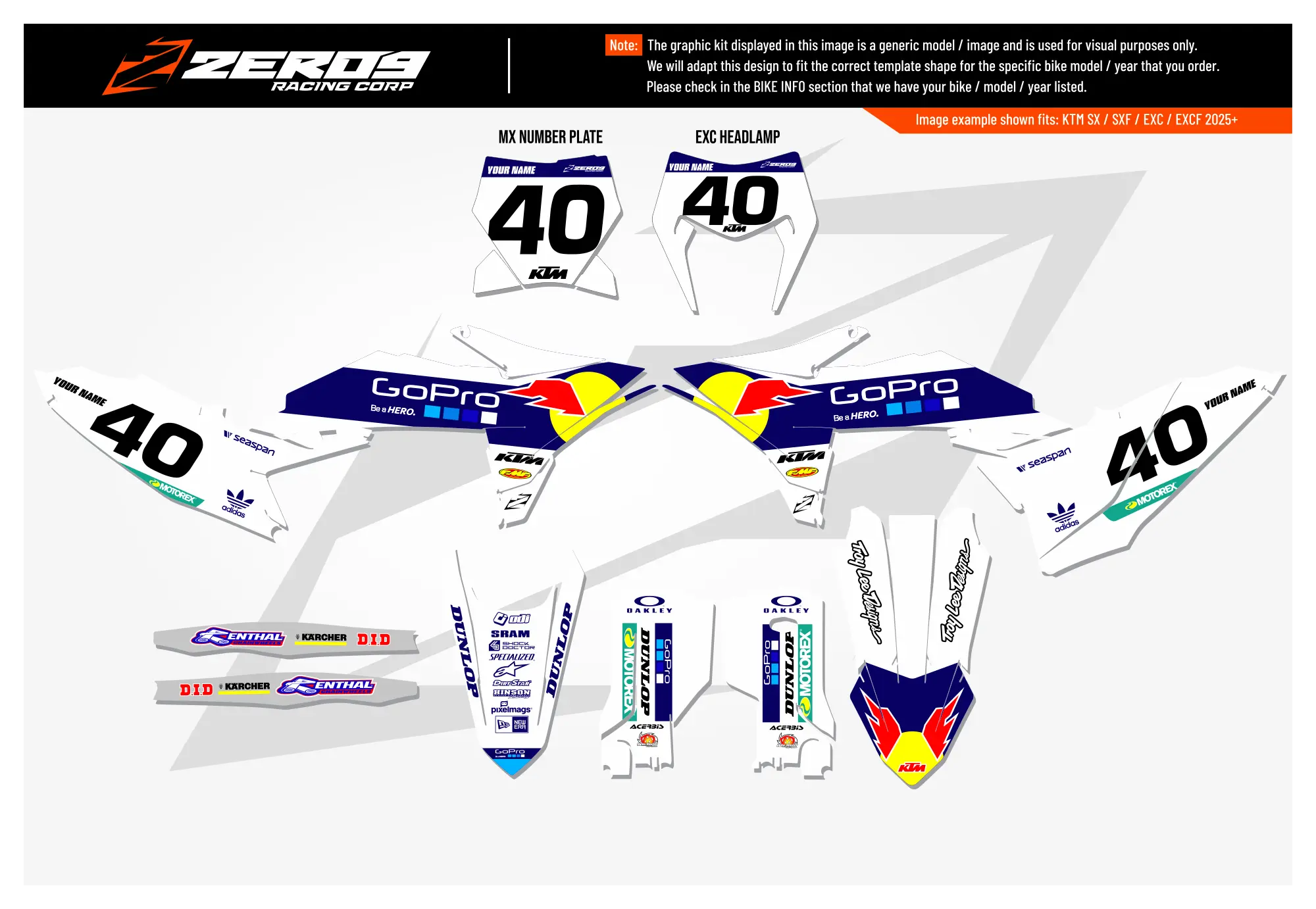 KTM motocross graphics kit – GoPro Factory White design with Red Bull logo for KTM SX models.