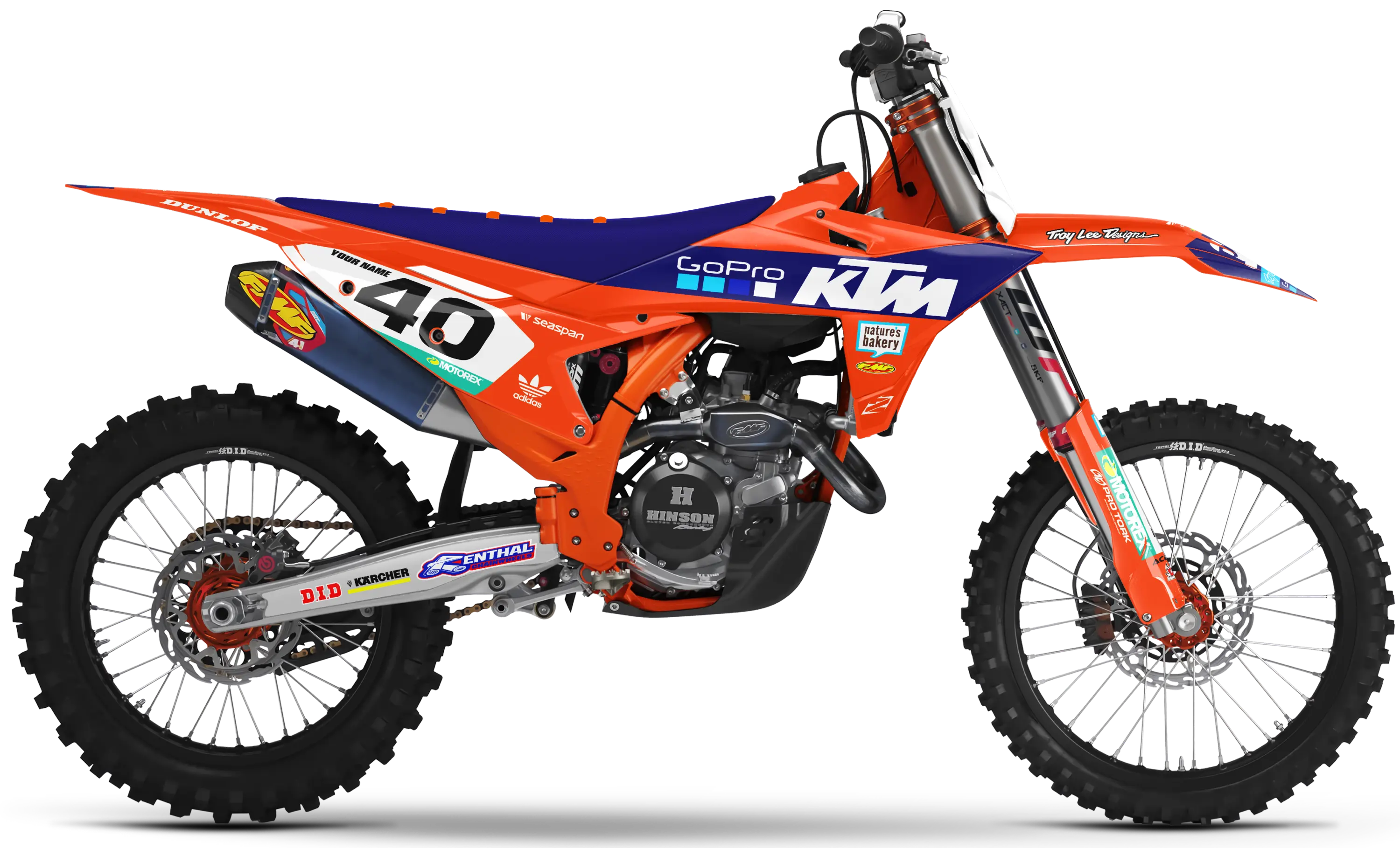 KTM motocross graphics kit GoPro Orange design on KTM SX dirt bike with bold orange and blue decals.