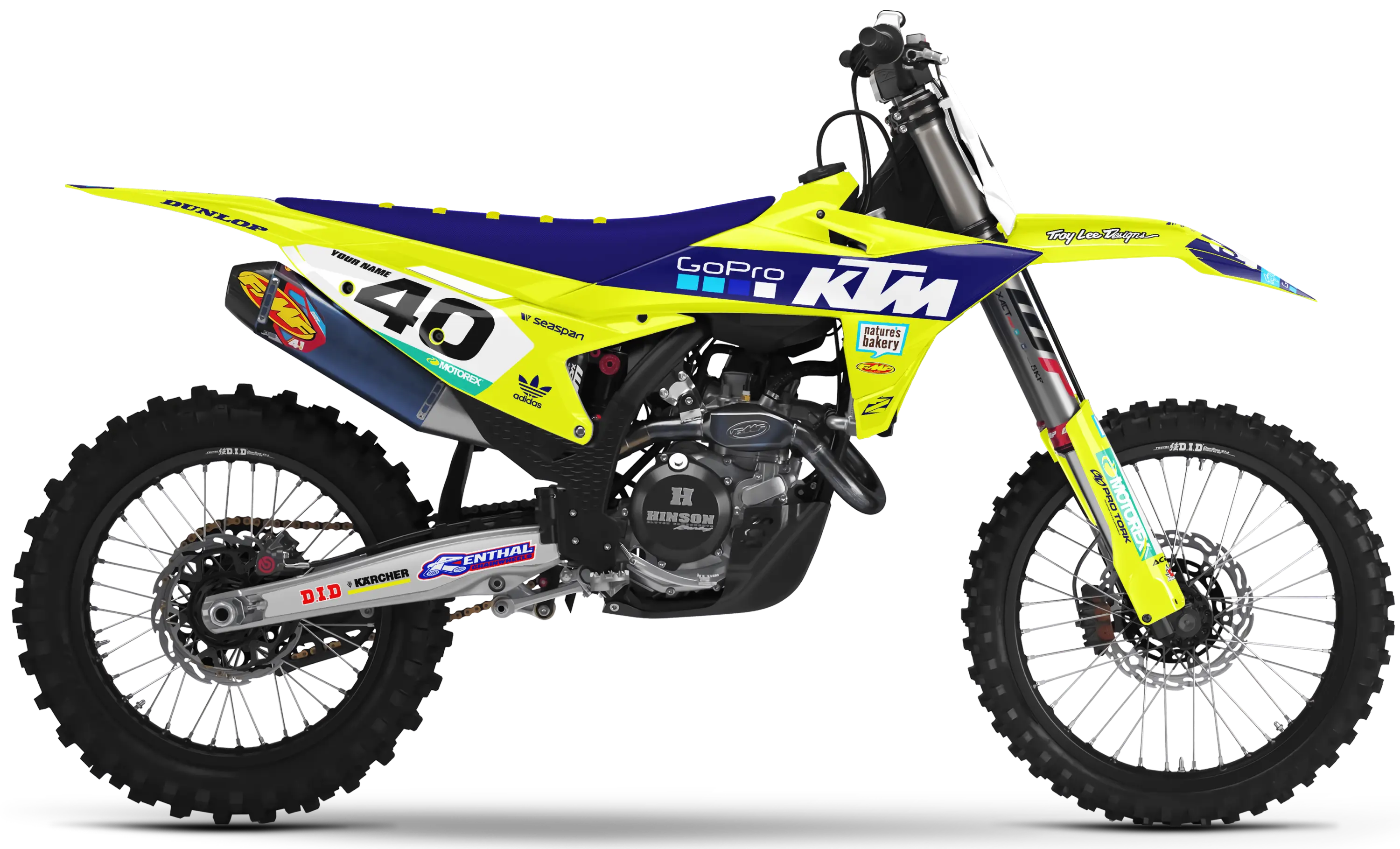 KTM motocross graphics kit – GoPro Vivid Yellow design on KTM motocross bike side panels and fenders.