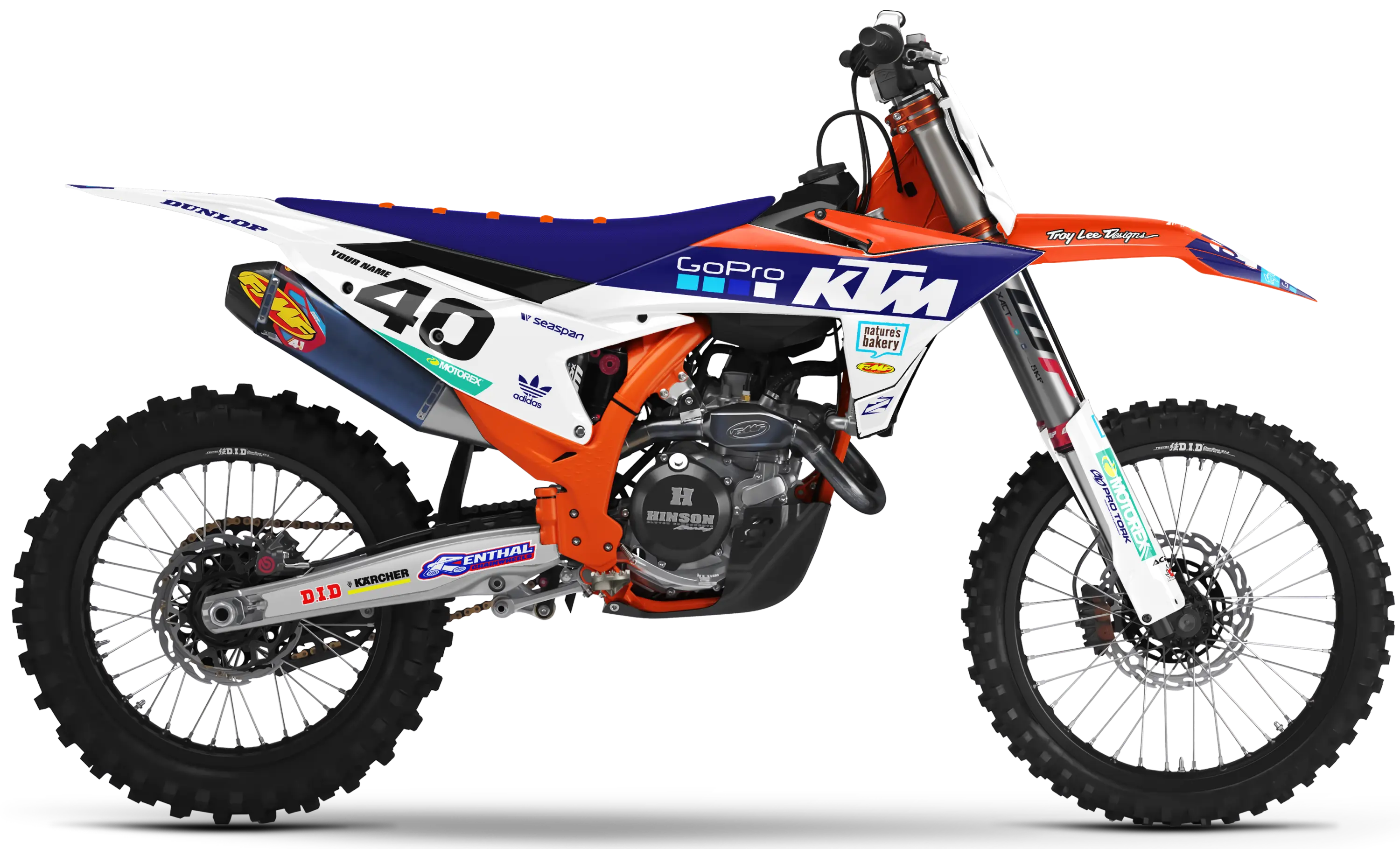 KTM motocross graphics kit GoPro White design on KTM SX model featuring white, blue, and orange mx decals.