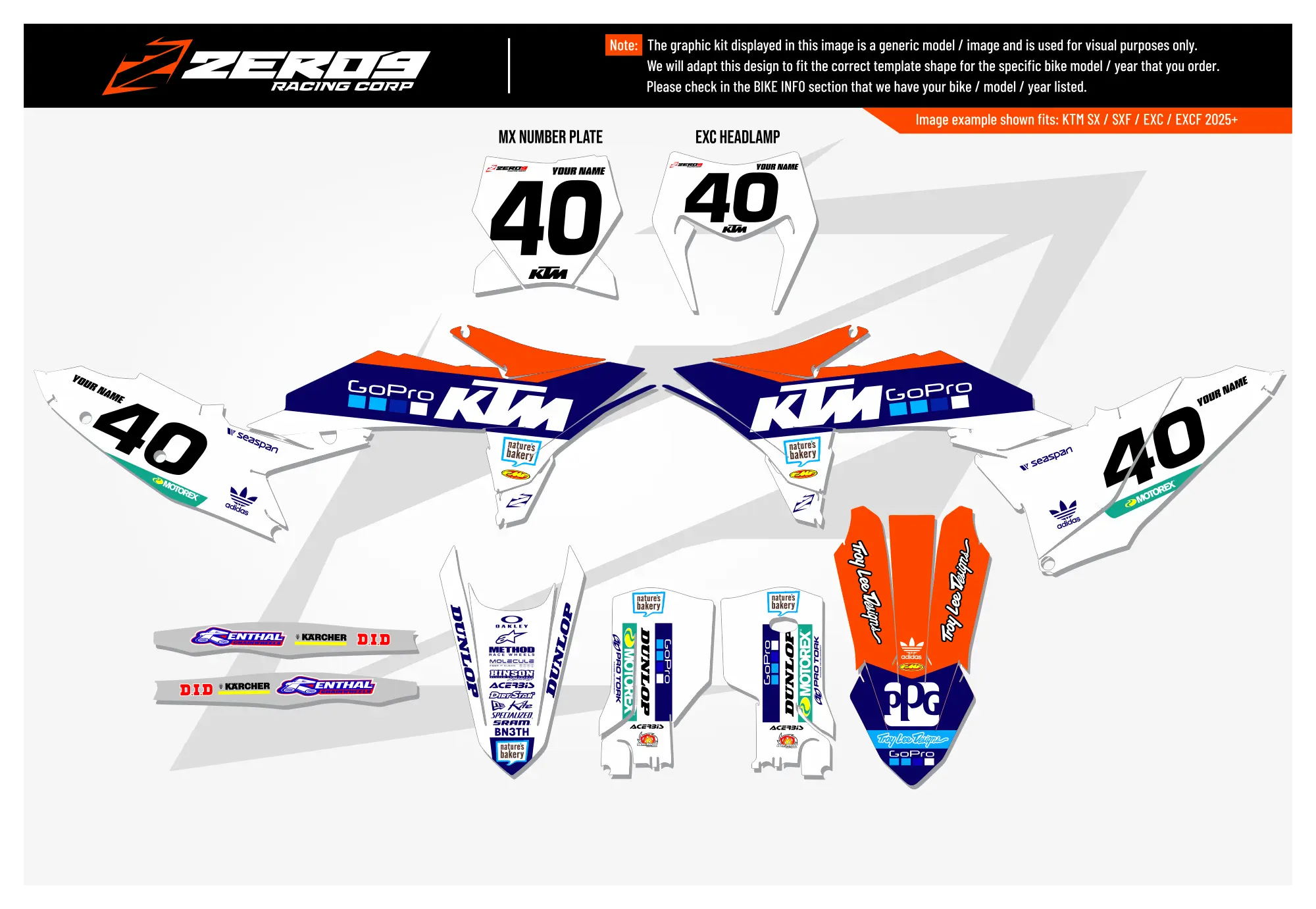 KTM motocross graphics kit GoPro White design with blue, white, and orange decals for KTM models.