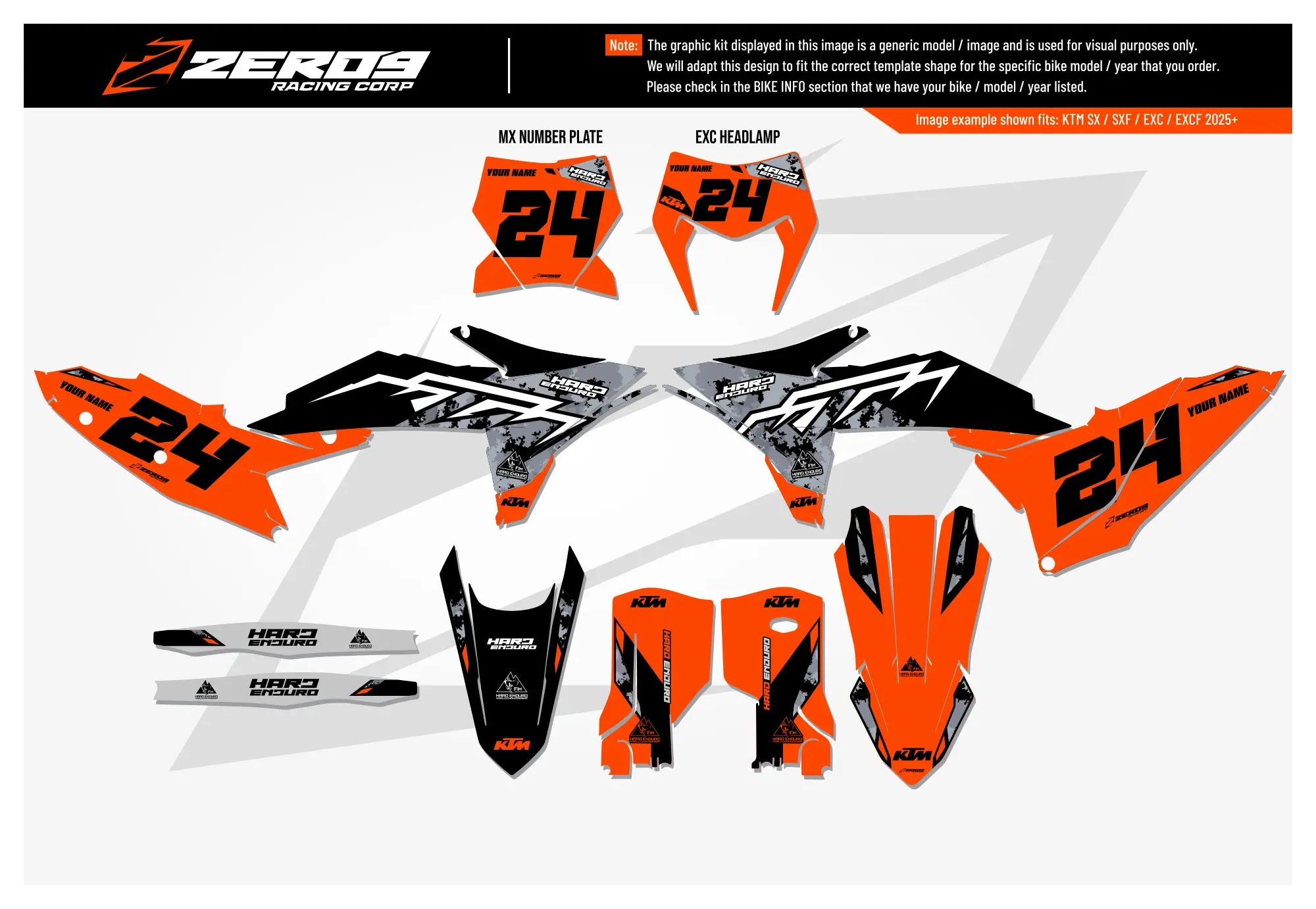 KTM hard enduro graphics kit – Factory style in orange, black, and white for KTM EXC models.