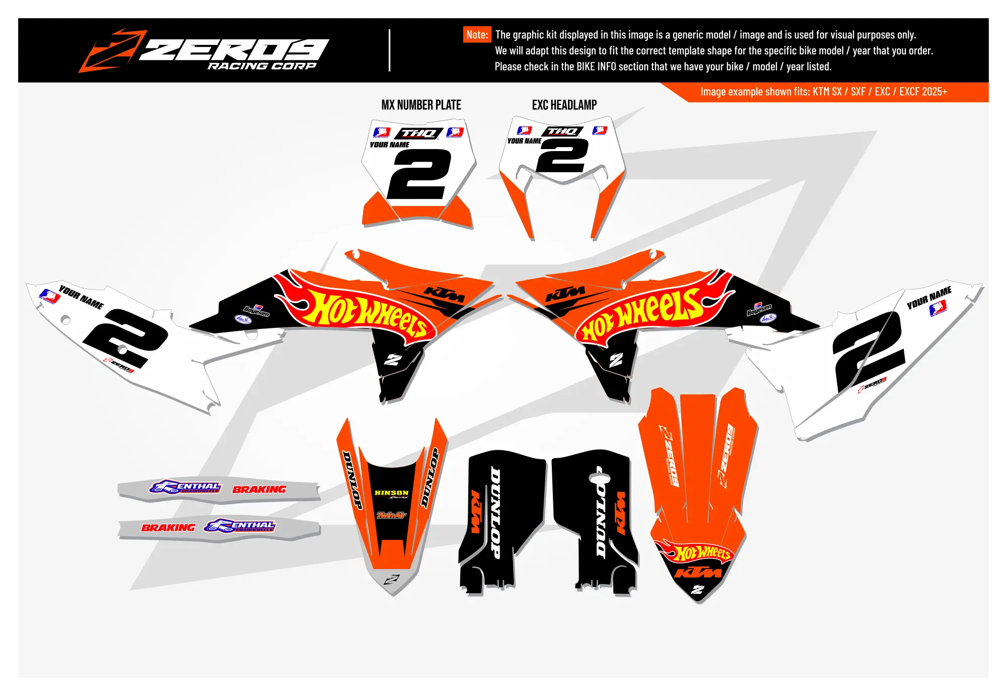 KTM motocross graphics kit – Hot Wheels design in black, orange, and white for KTM SX models.