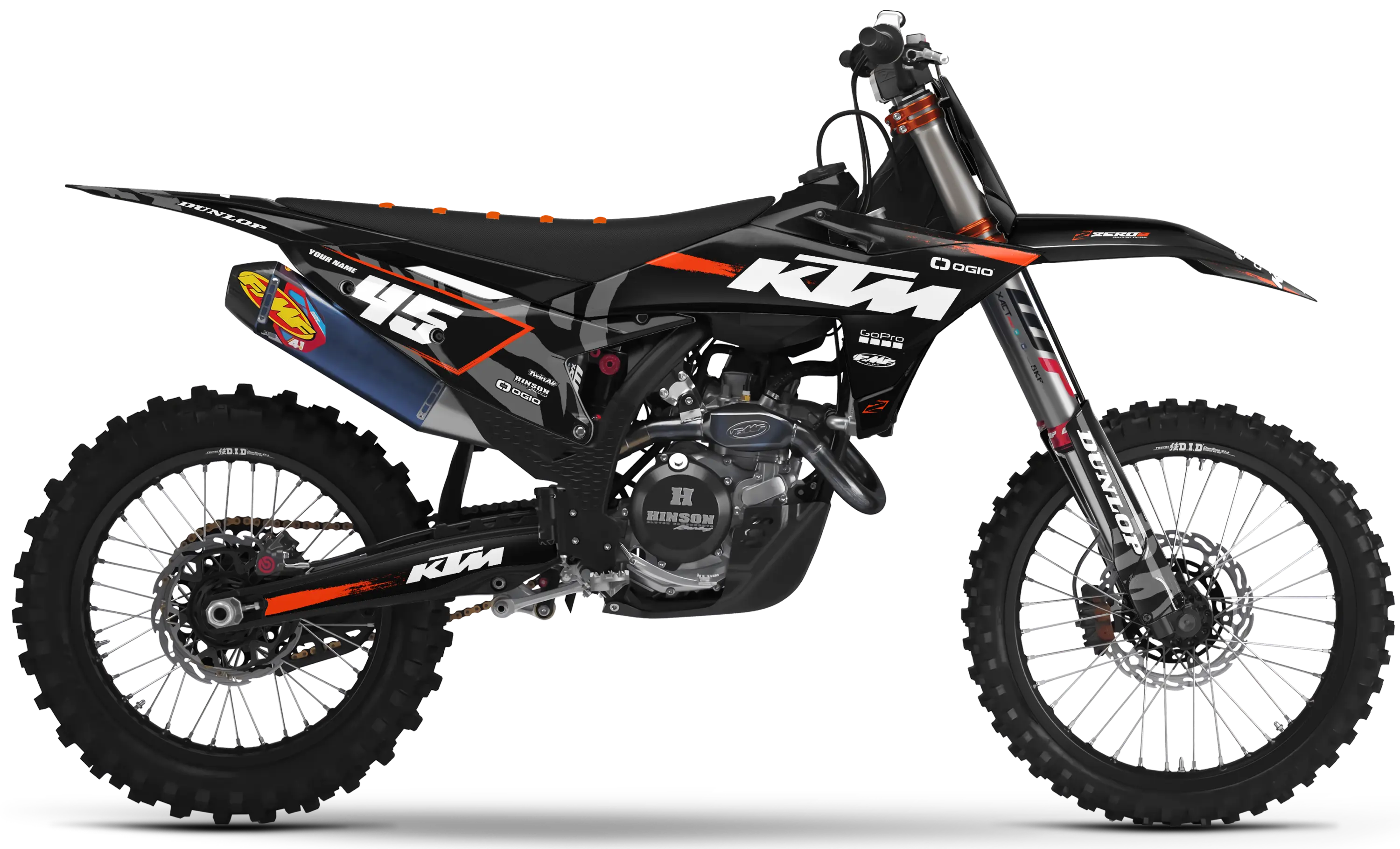 KTM motocross graphics kit Hype Black/Orange design on KTM dirt bike side panels and front fender.