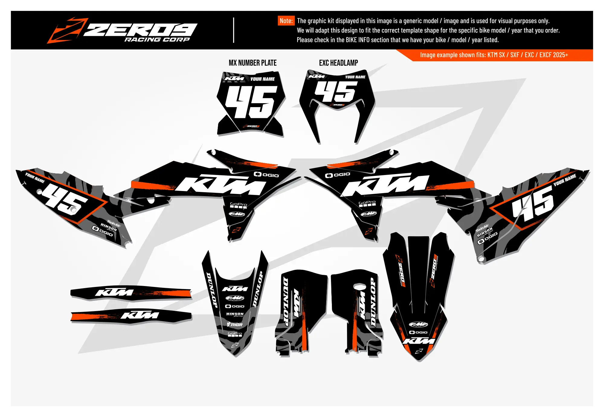 KTM motocross graphics kit Hype Black/Orange design for KTM SX models, includes number plates and fender decals.