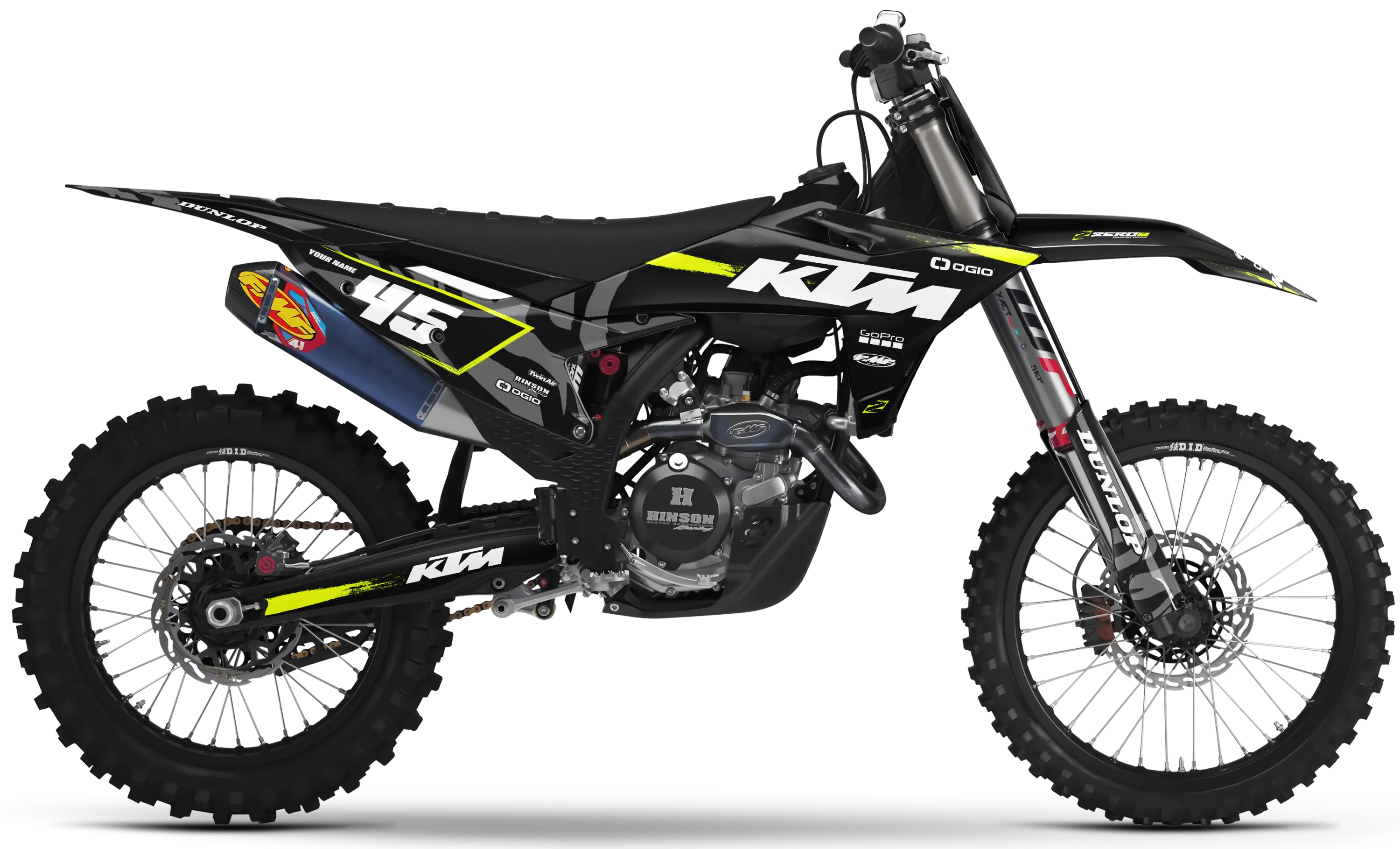 KTM motocross graphics kit Hype Black/Vivid Yellow on KTM pit bike side panels and rear fender.