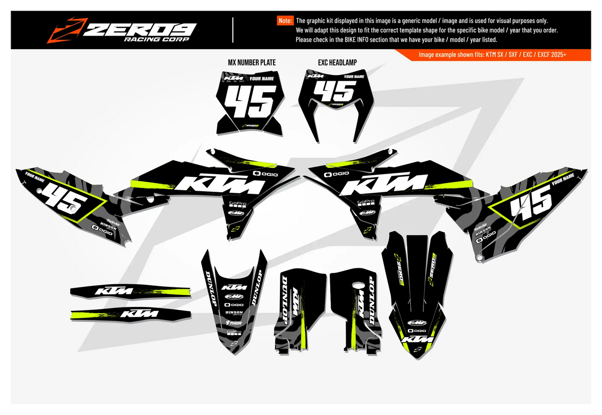 KTM Graphics Kit - Hype Black/Vivid Yellow | ZERO9 MX GRAPHICS