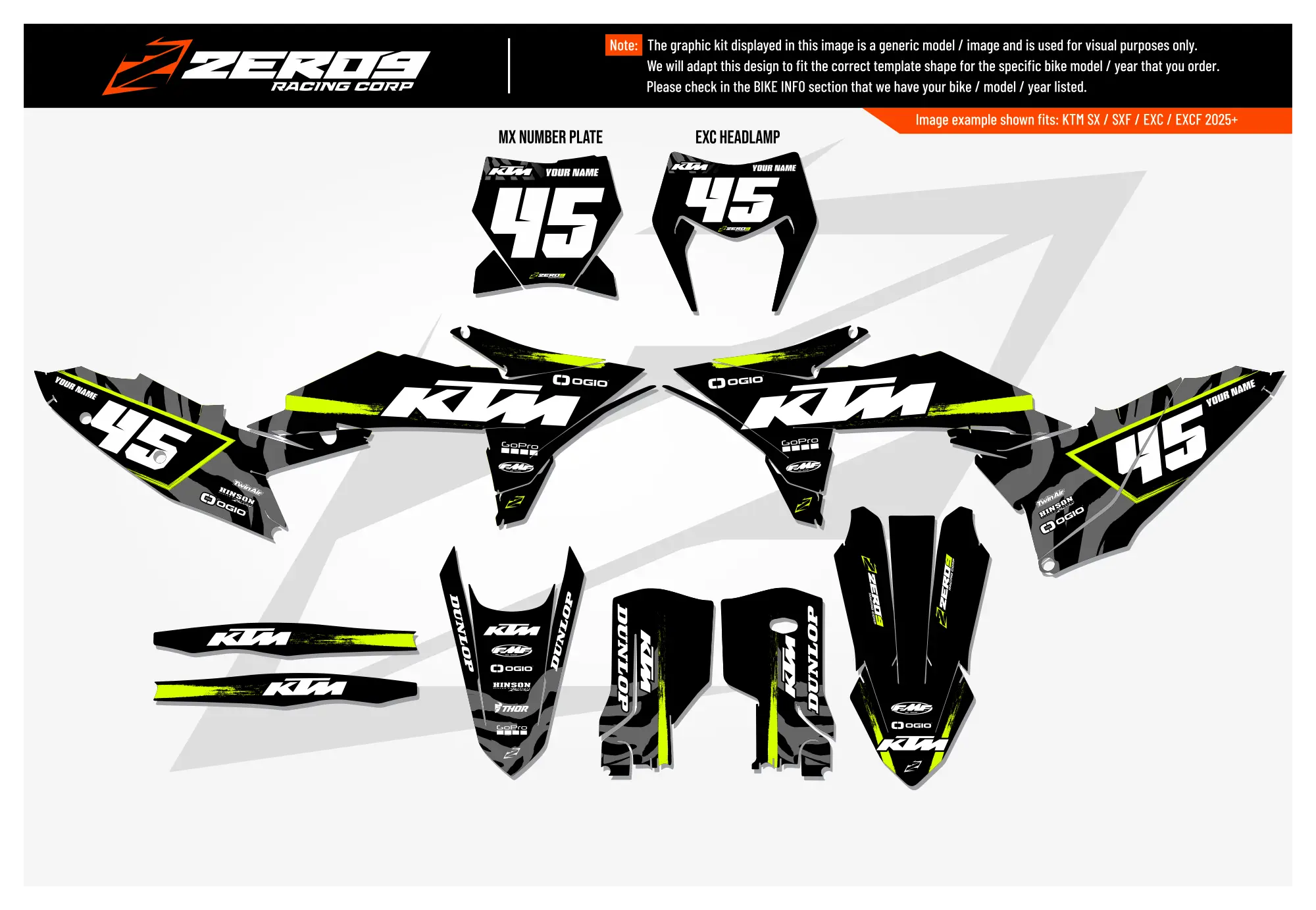 KTM motocross graphics kit Hype Black/Vivid Yellow design for KTM SX models with number 45 decals.