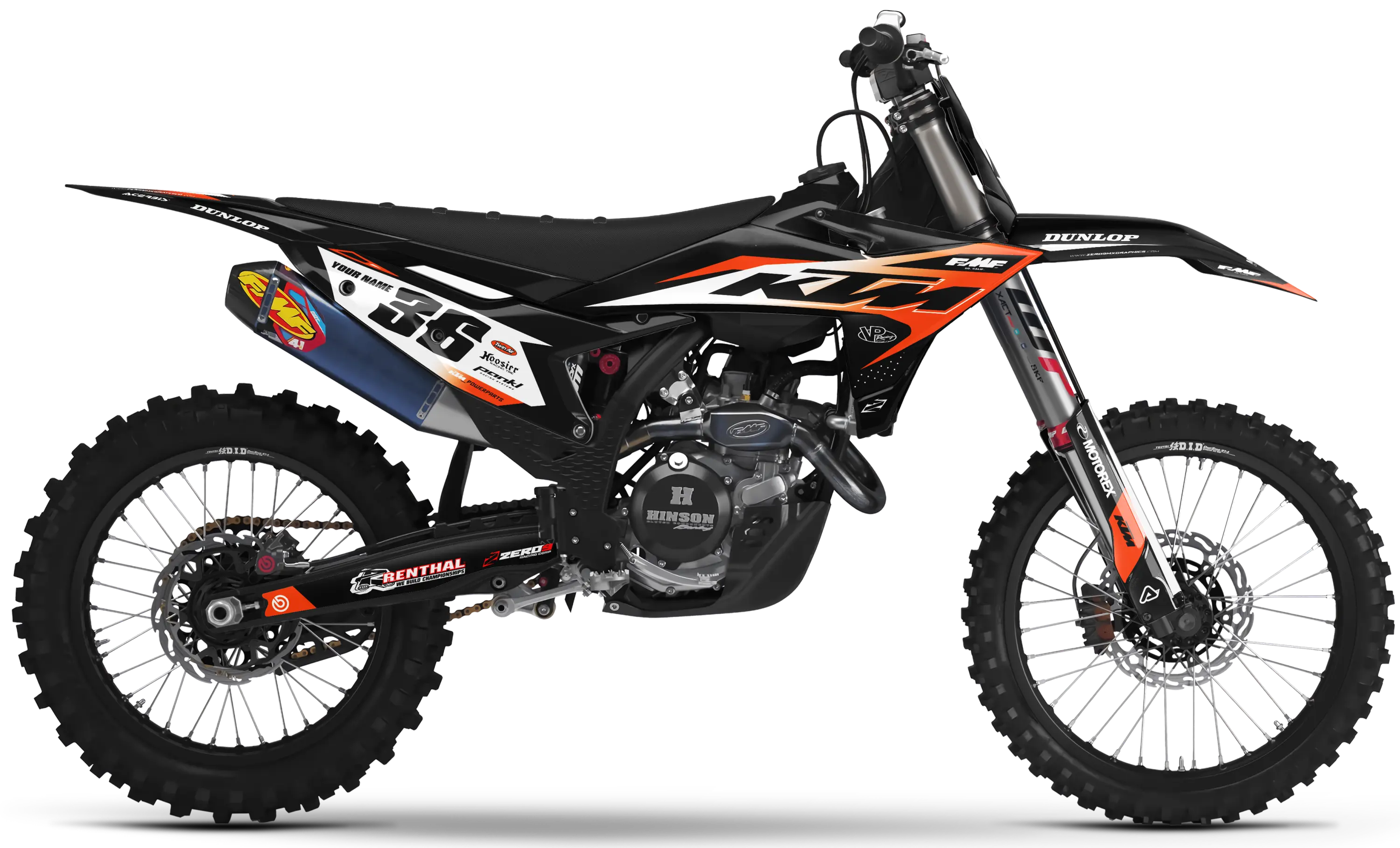 KTM motocross graphics kit Kaos Black/Orange design on black KTM dirt bike side panels and fenders.