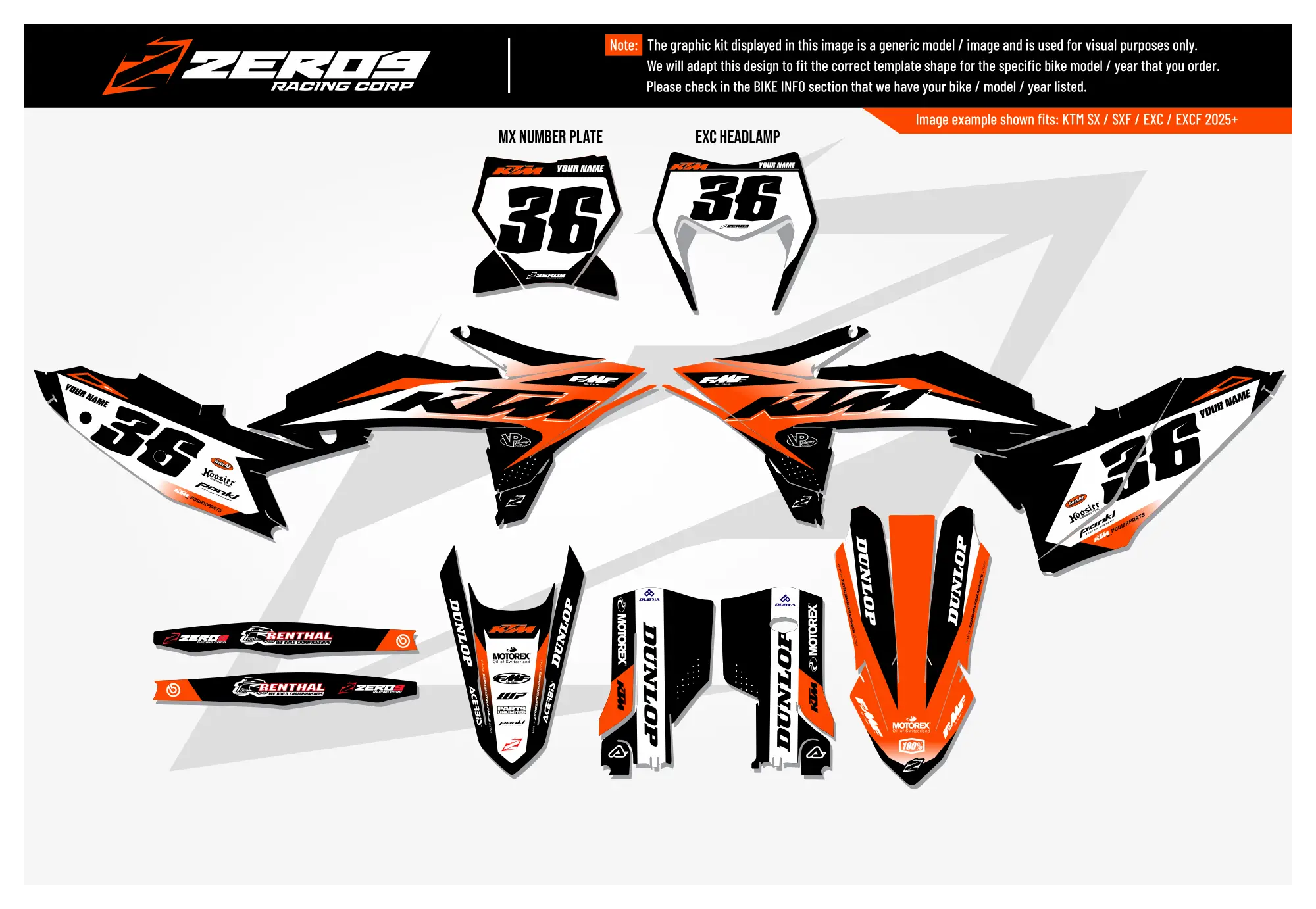 KTM motocross graphics kit Kaos Black/Orange featuring number plate, fender, and side panel decals.