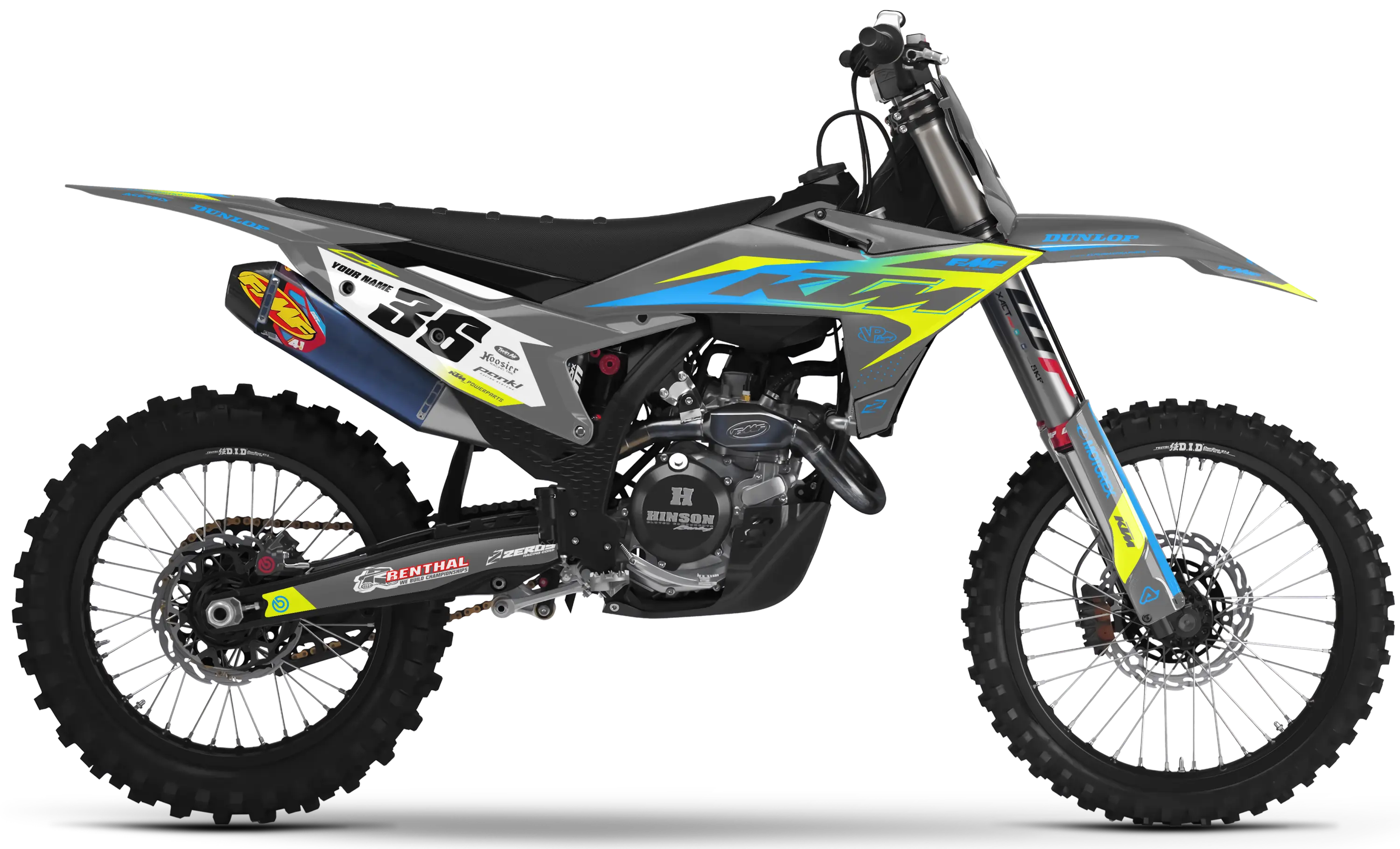 KTM motocross graphics kit Kaos Grey/Vivid Yellow on black motocross bike side panels and front fender.
