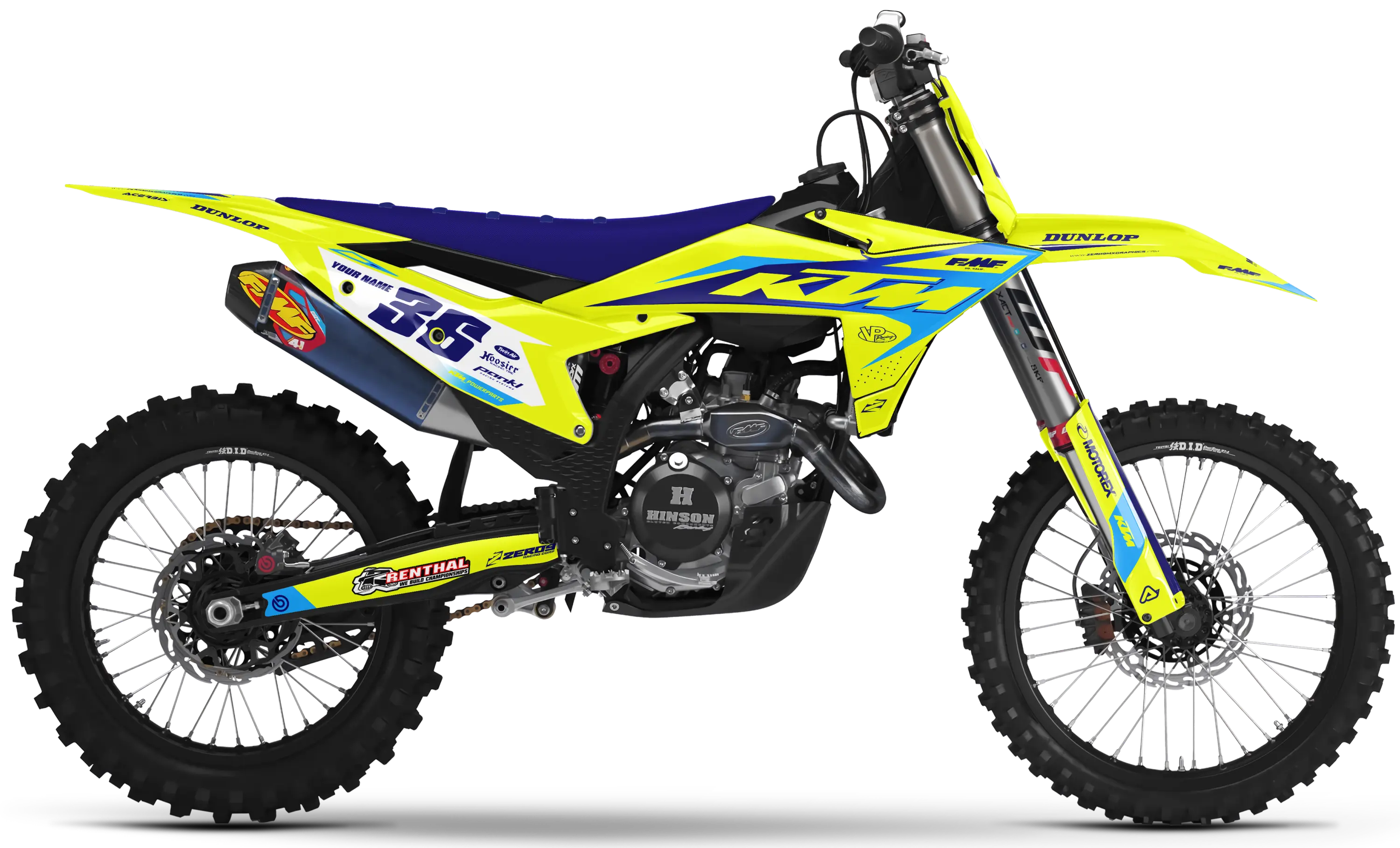 KTM motocross graphics kit Kaos Vivid Yellow/Blue design on black and yellow MX bike side panels and front fender.