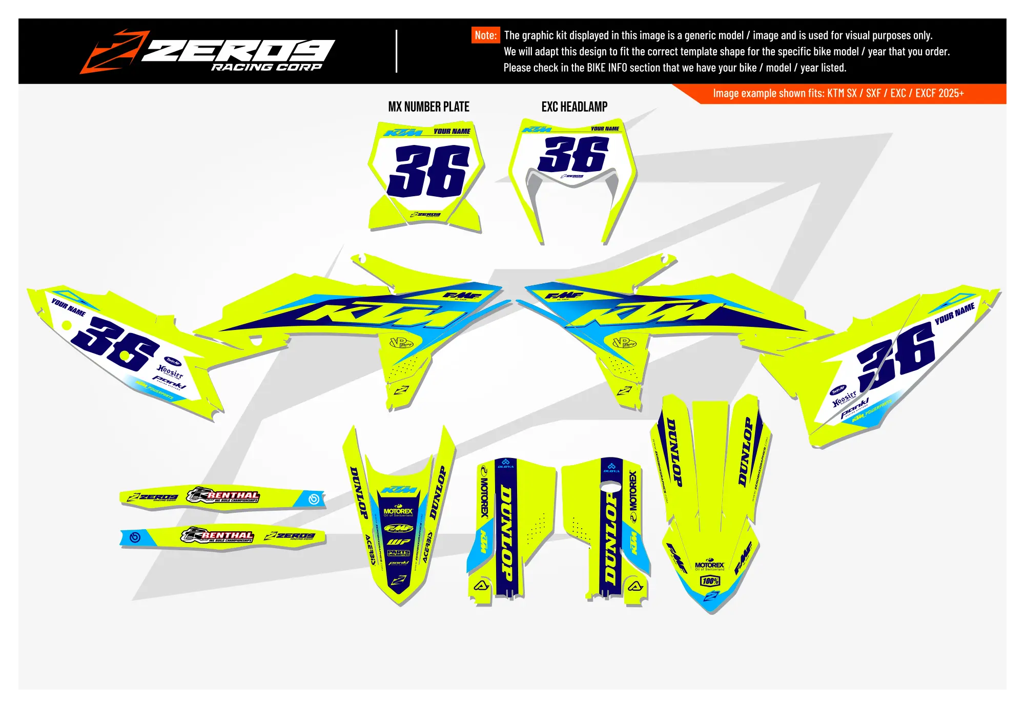 KTM motocross graphics kit Kaos Vivid Yellow/Blue design with number 36 decals for KTM SX models.