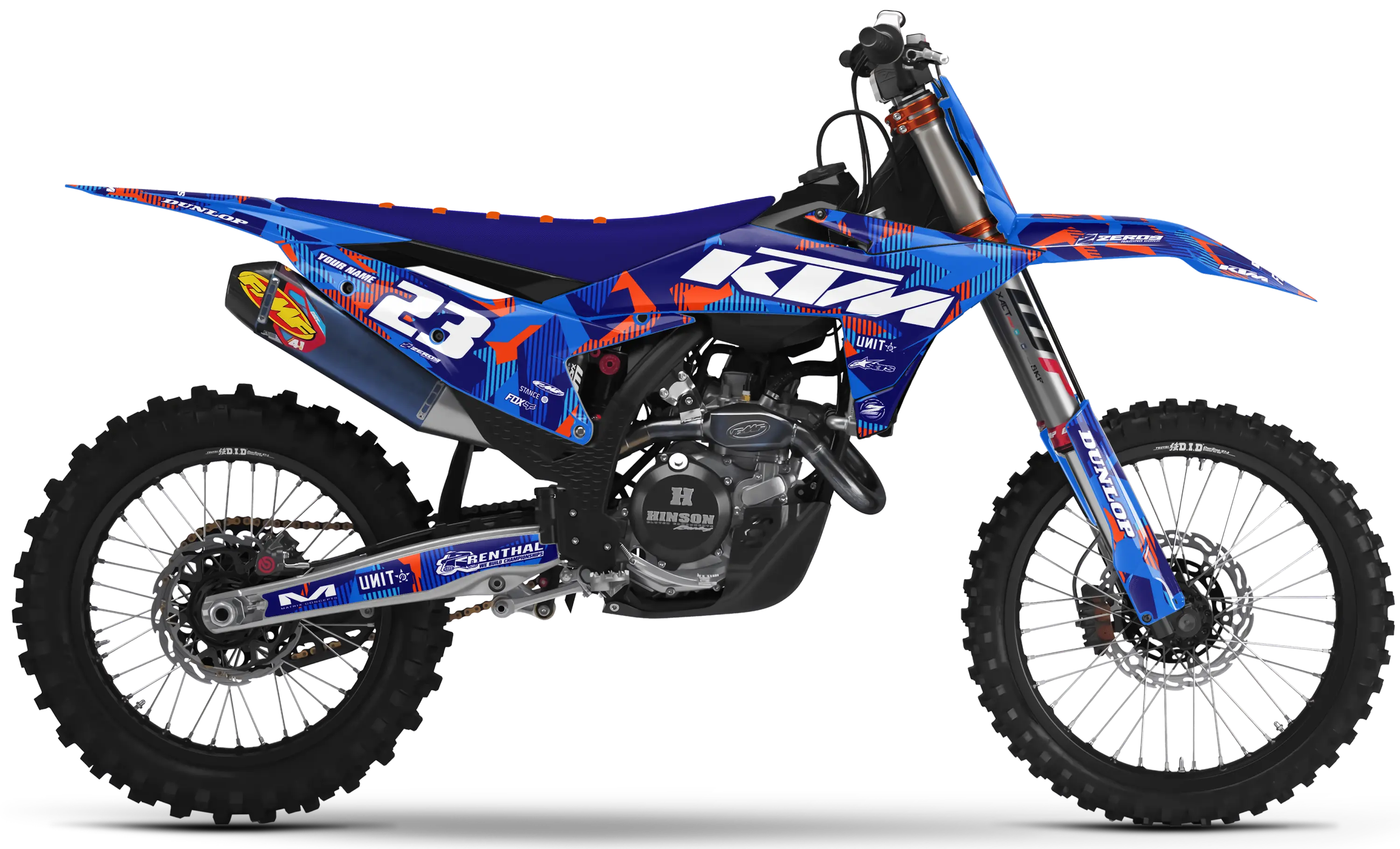 KTM motocross graphics kit Lazr Blue/Orange design on KTM dirt bike body panels and fenders.