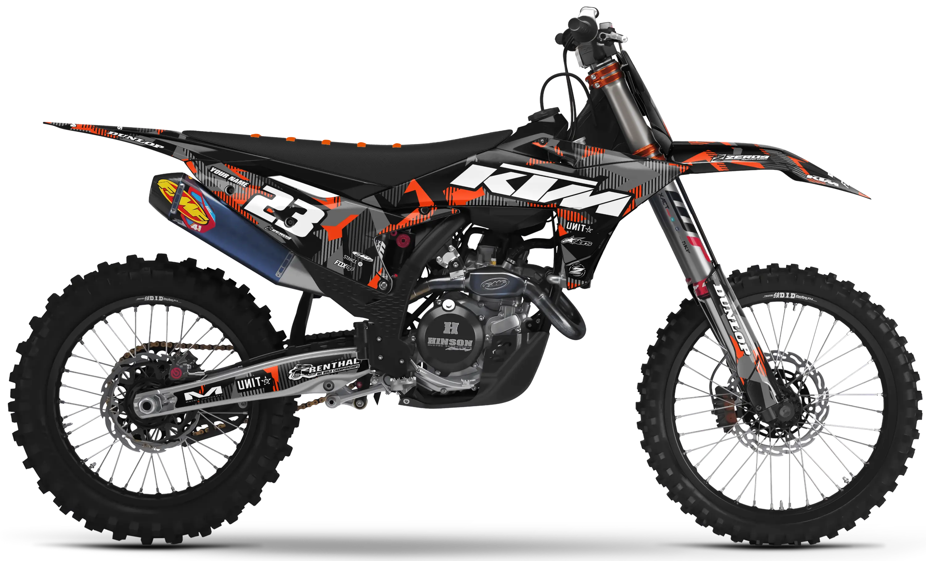 KTM motocross graphics kit Lazr Grey/Orange on black bike with KTM and Red Bull logos, number 23 decals.