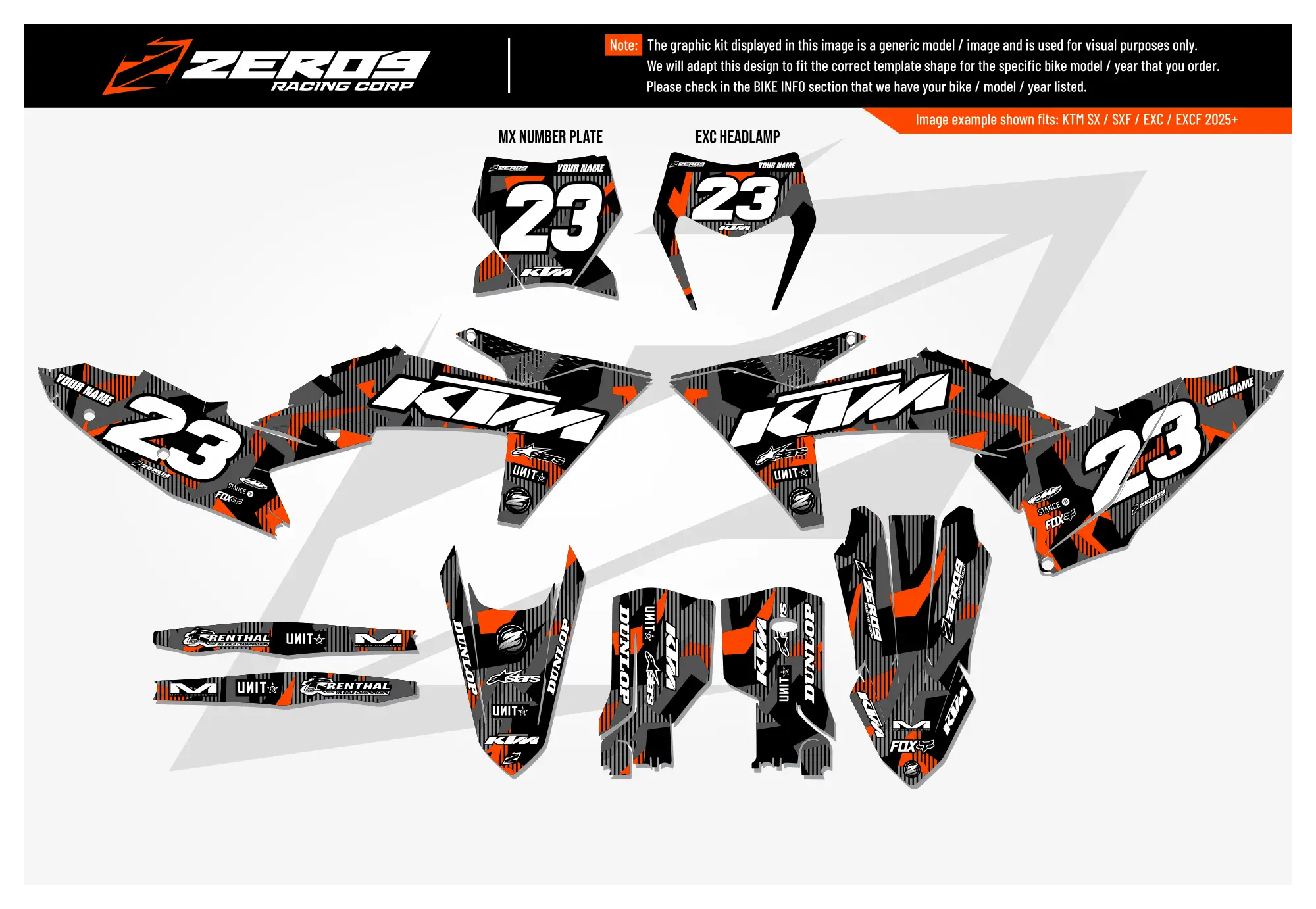 KTM motocross graphics kit Lazr Grey/Orange design with number 23 and sharp angular patterns.