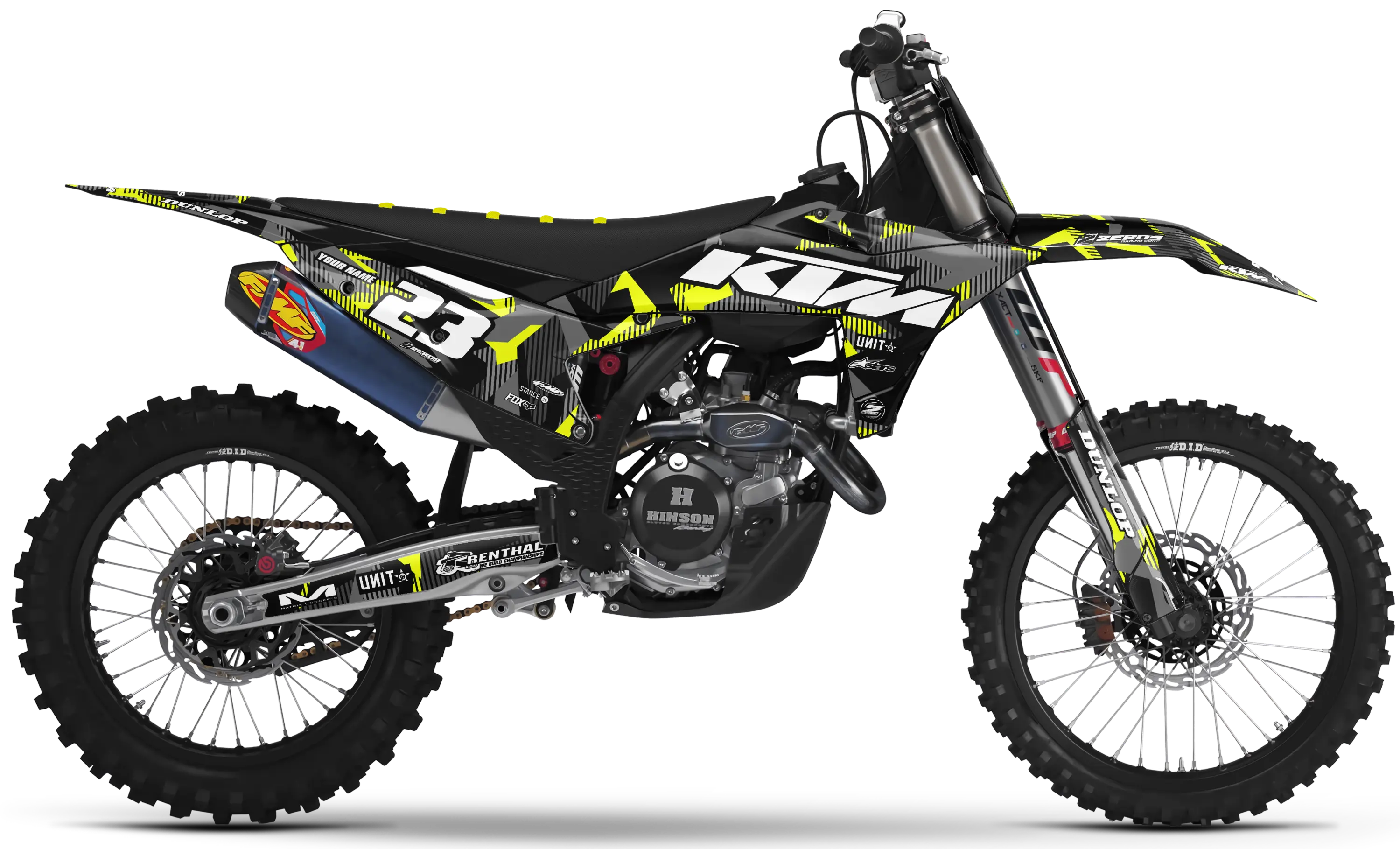 KTM motocross graphics kit Lazr Grey/Vivid Yellow on KTM dirt bike side panels and front fender.