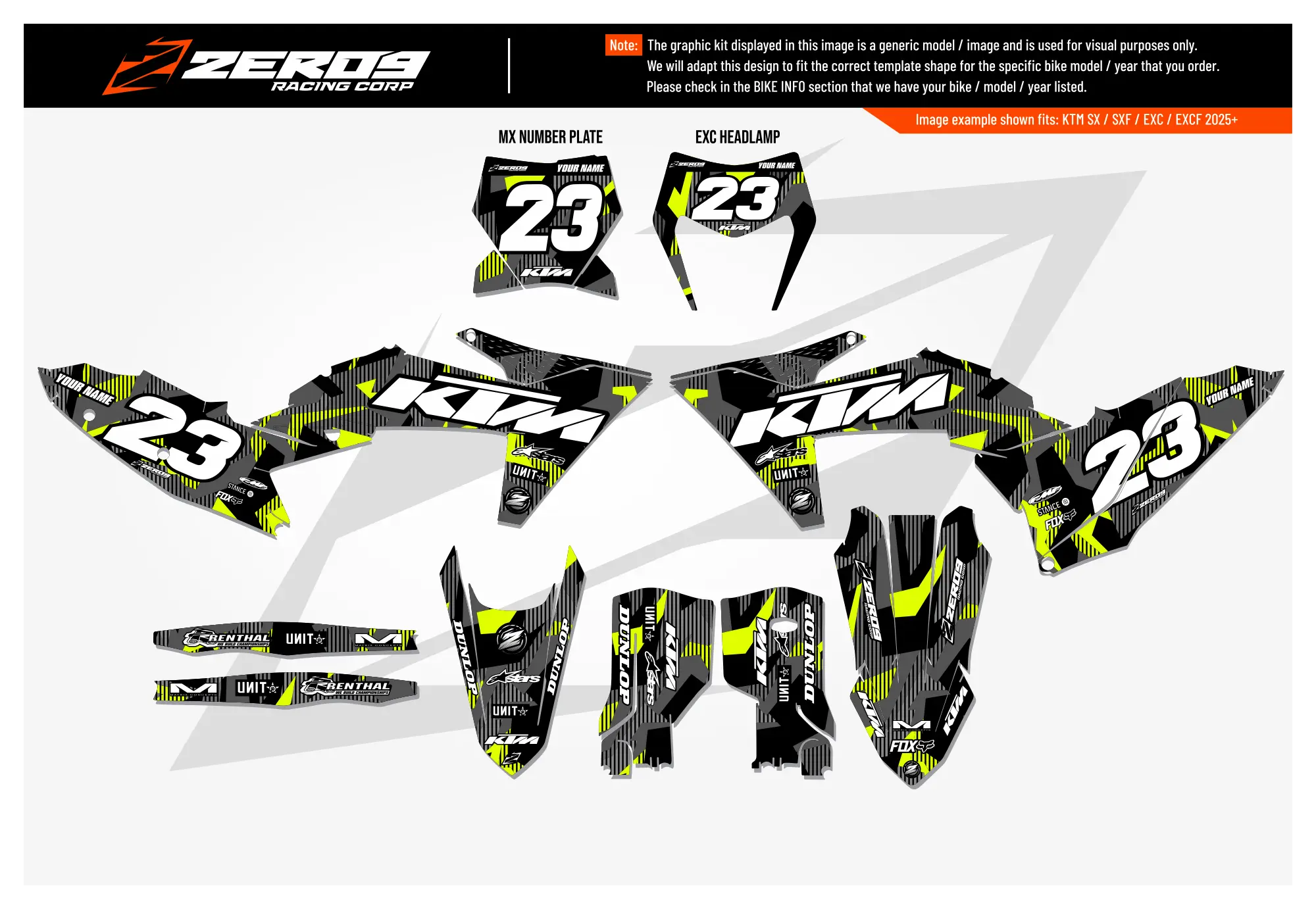 KTM motocross graphics kit Lazr Grey/Vivid Yellow design for KTM SX/SXF models with number plate decals and side panel mx.