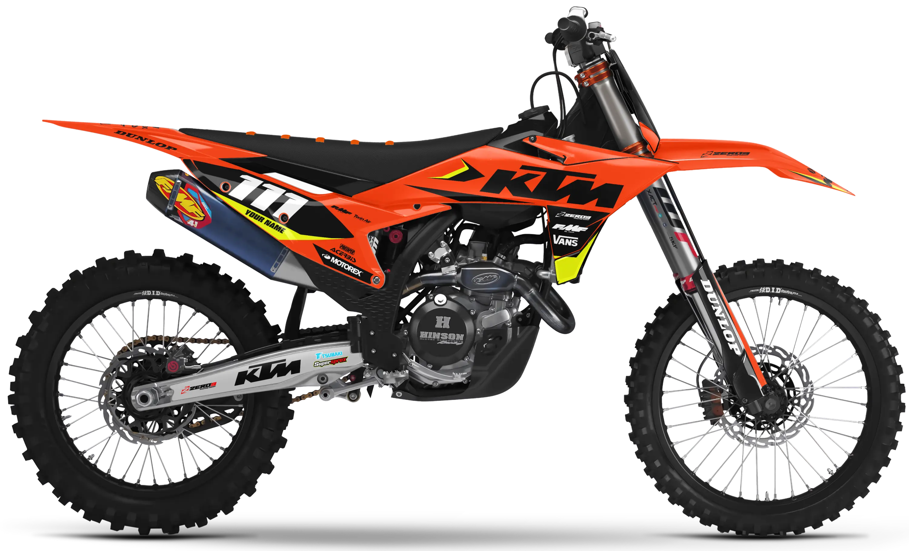 KTM motocross graphics kit Legion Orange design on KTM dirt bike side panels and front number plate.