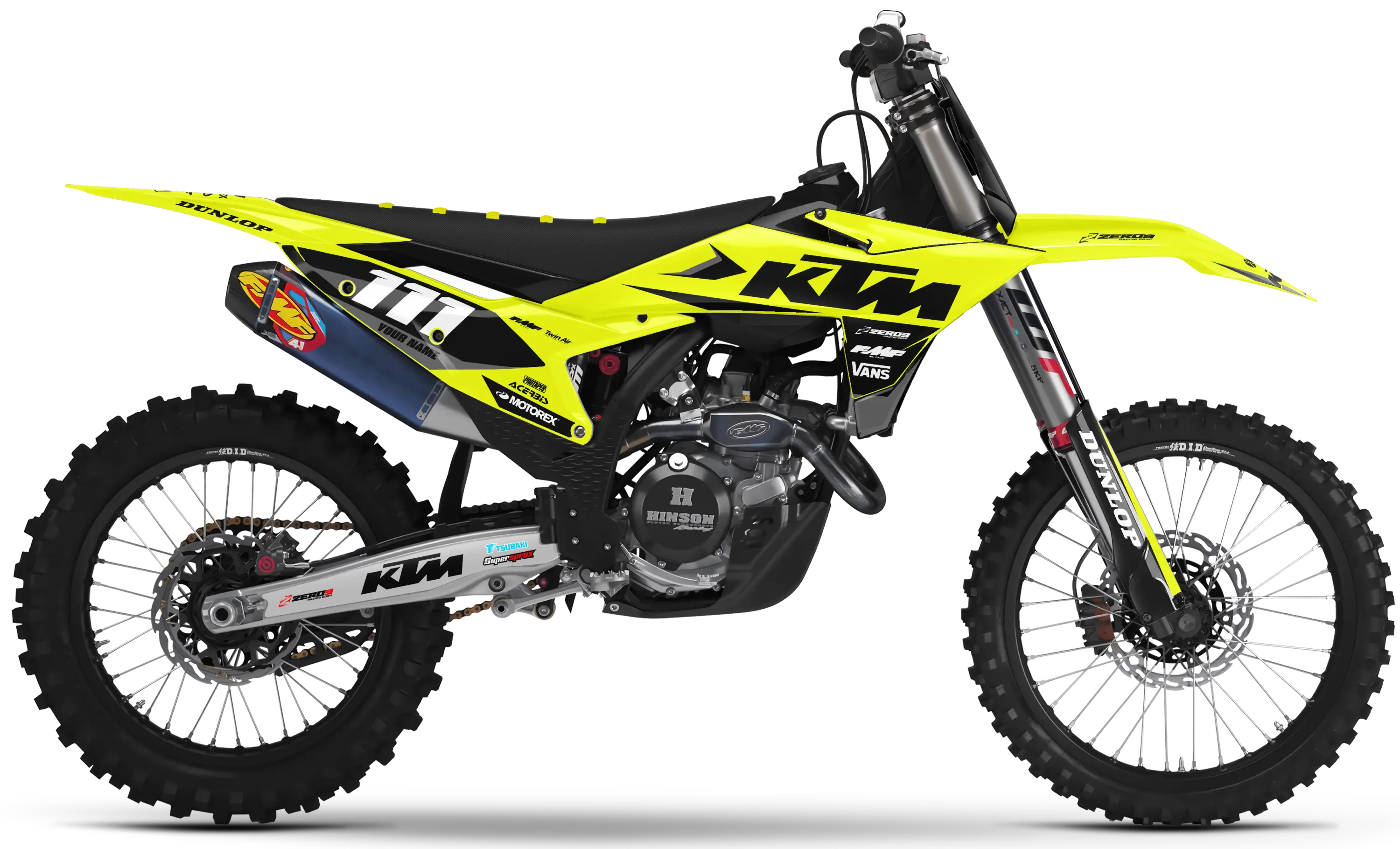 KTM motocross graphics kit Legion vivid yellow design on KTM motocross bike side panels and fenders.