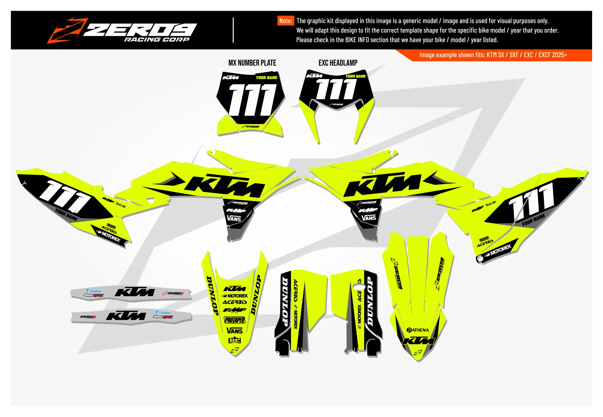 KTM motocross graphics kit Legion Vivid Yellow design for KTM SX models with black and white accents.